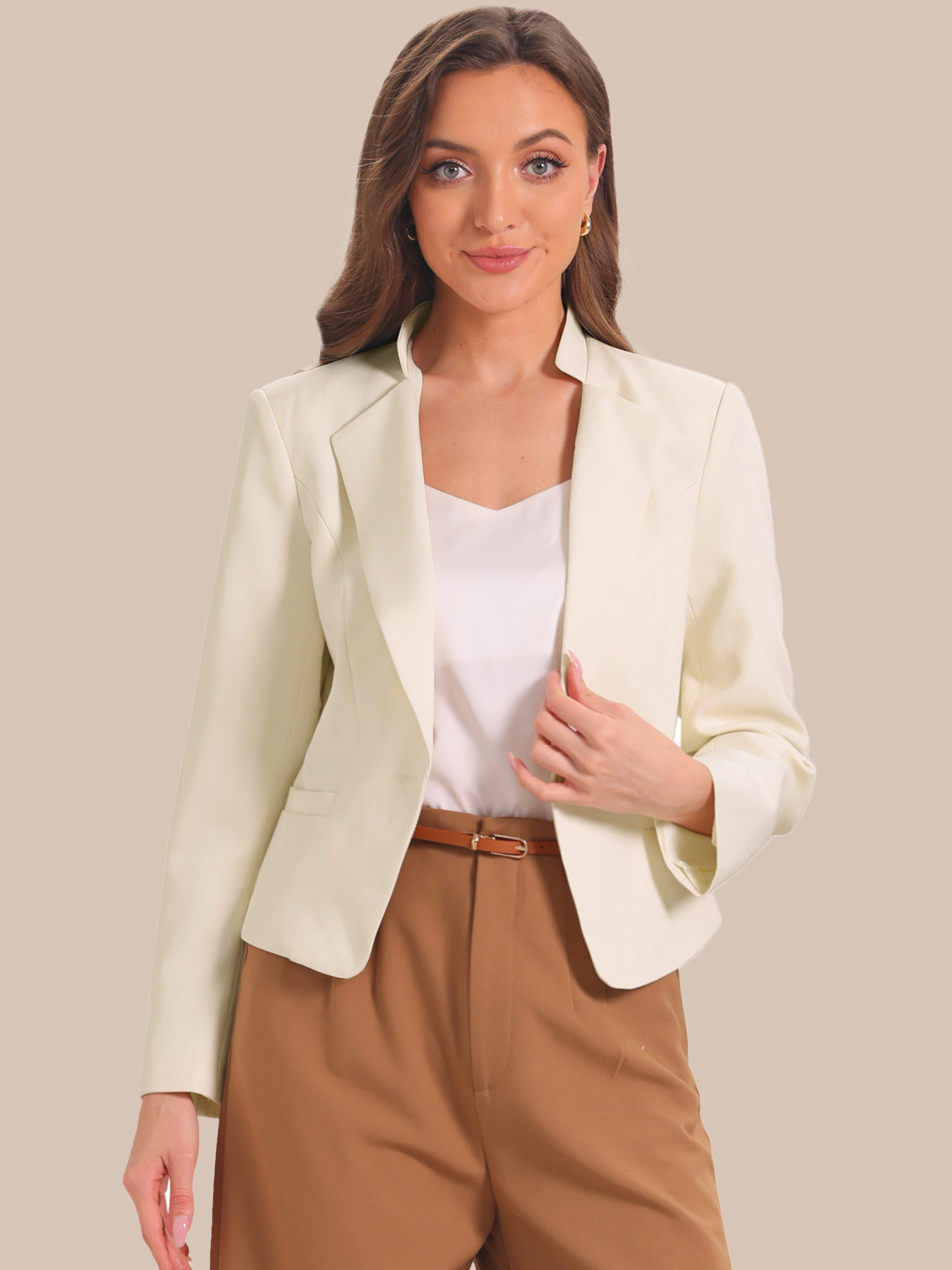 Long Sleeve Lapel Button Pockets Casual Work Cropped Blazer Beige/S