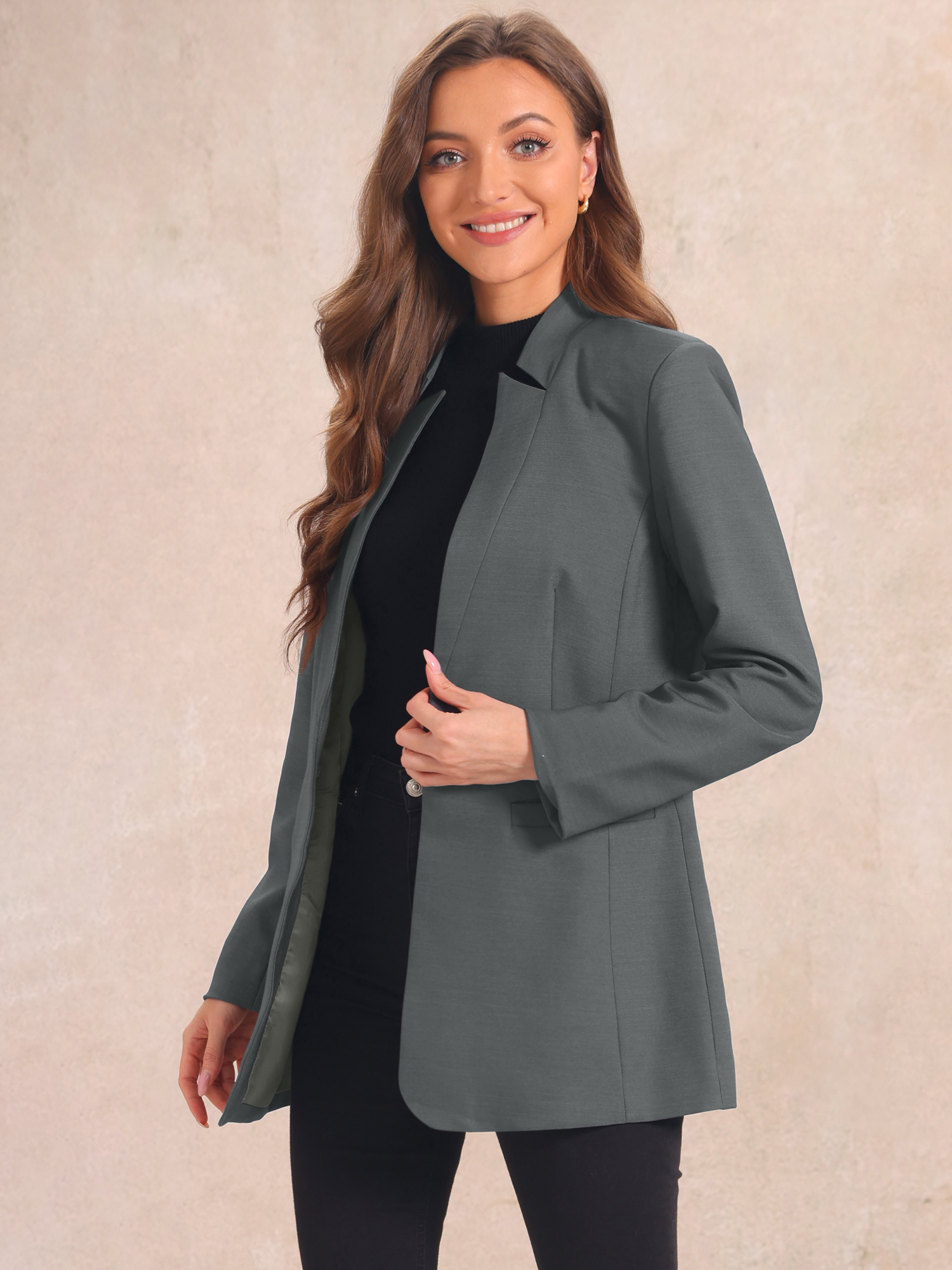 Work Office Lapel Long Sleeve Single Button Blazer Dark Grey/L