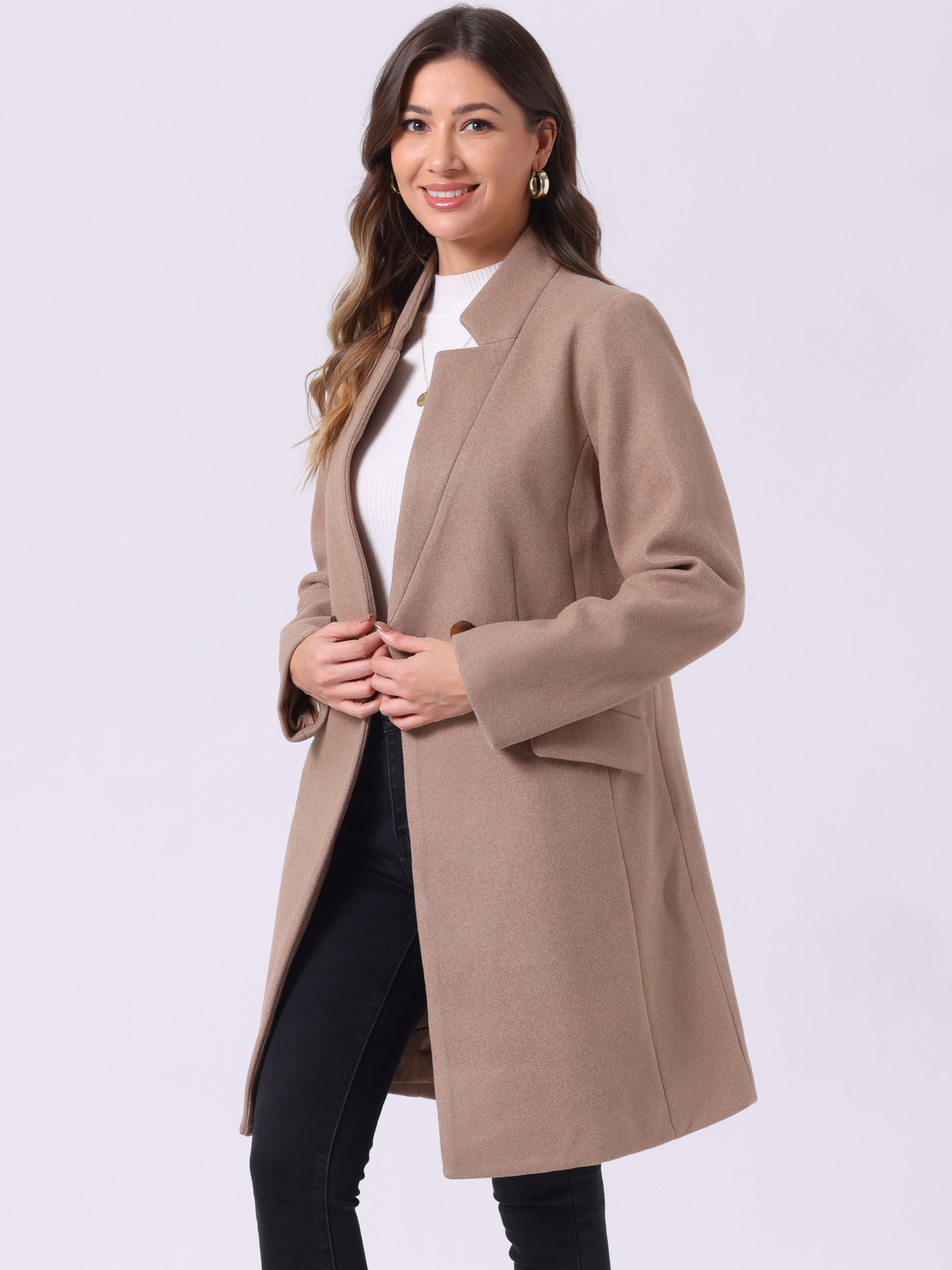 Belted Stand Collar Winter Fully Lined Belted Coats Dark Beige/S