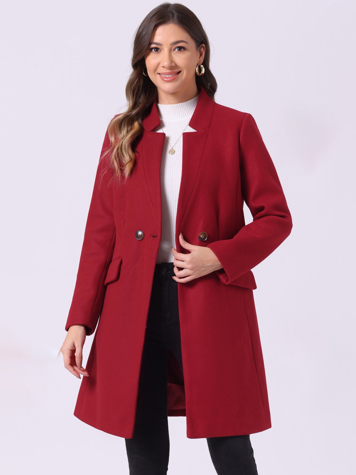 Belted Stand Collar Winter Fully Lined Belted Coats Dark Red/L