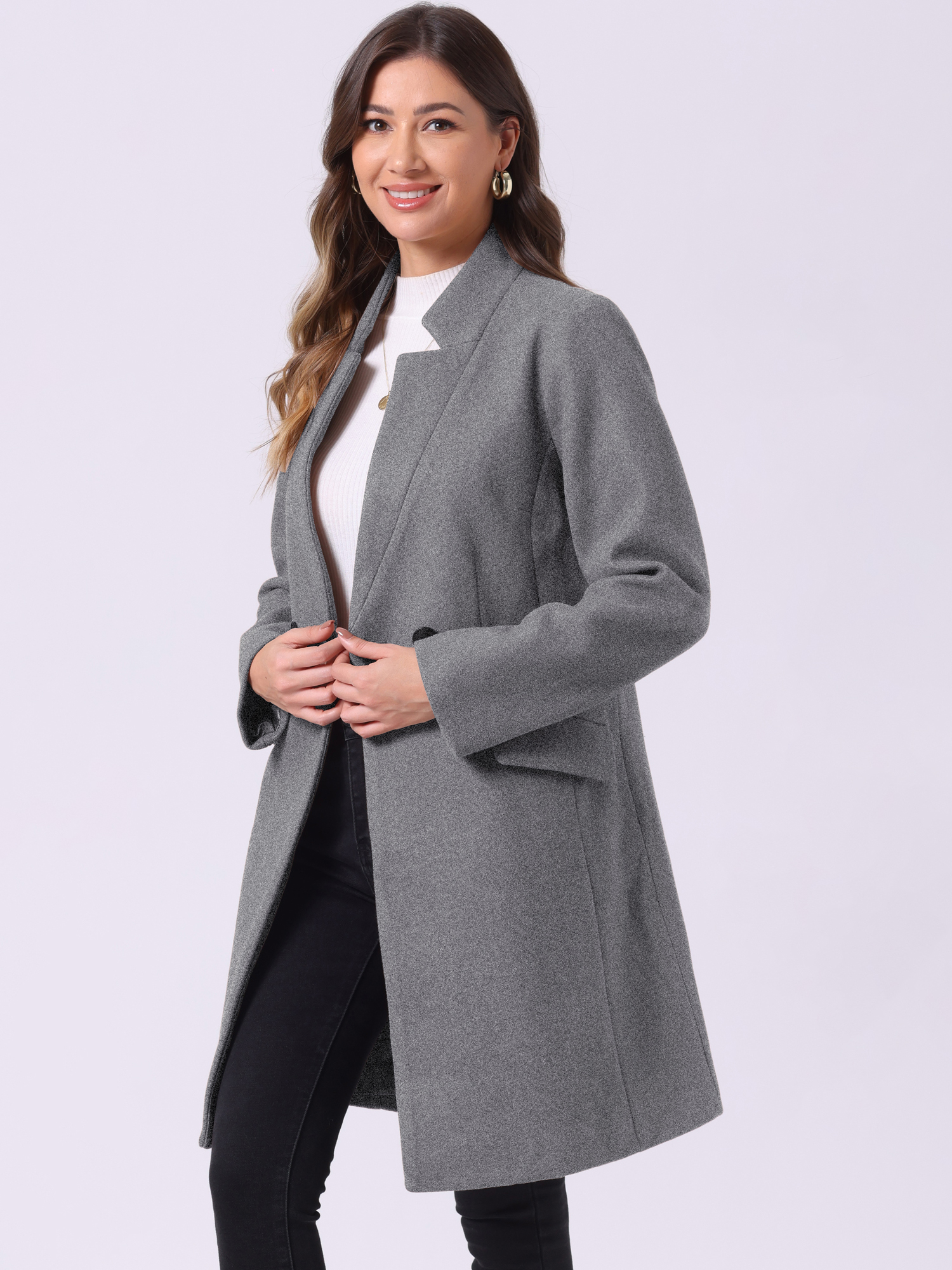 Belted Stand Collar Winter Fully Lined Belted Coats Grey/XL