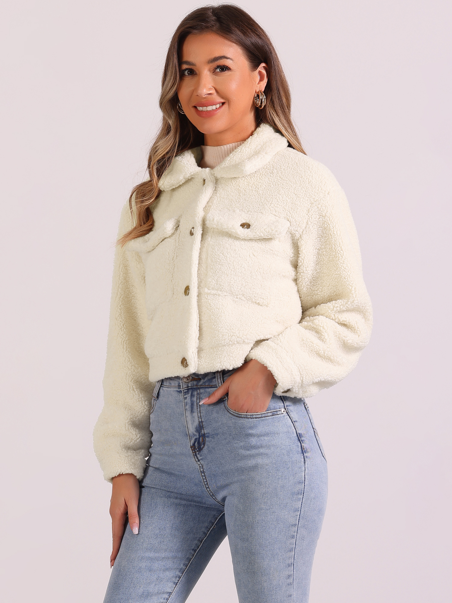 Faux Fur Lapel Button Down Long Sleeve Cropped Jackets Beige/XS