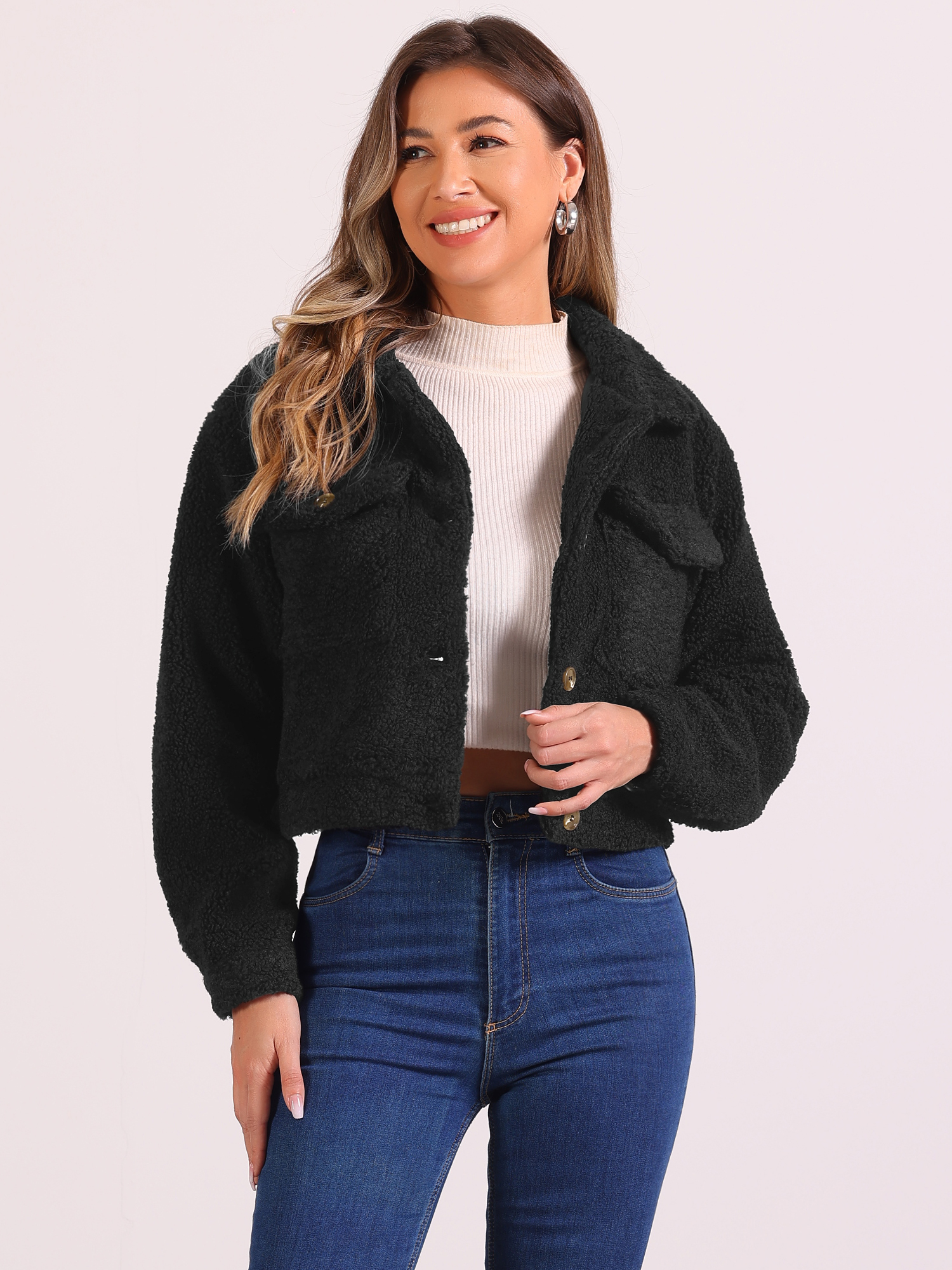 Faux Fur Lapel Button Down Long Sleeve Cropped Jackets Black/M