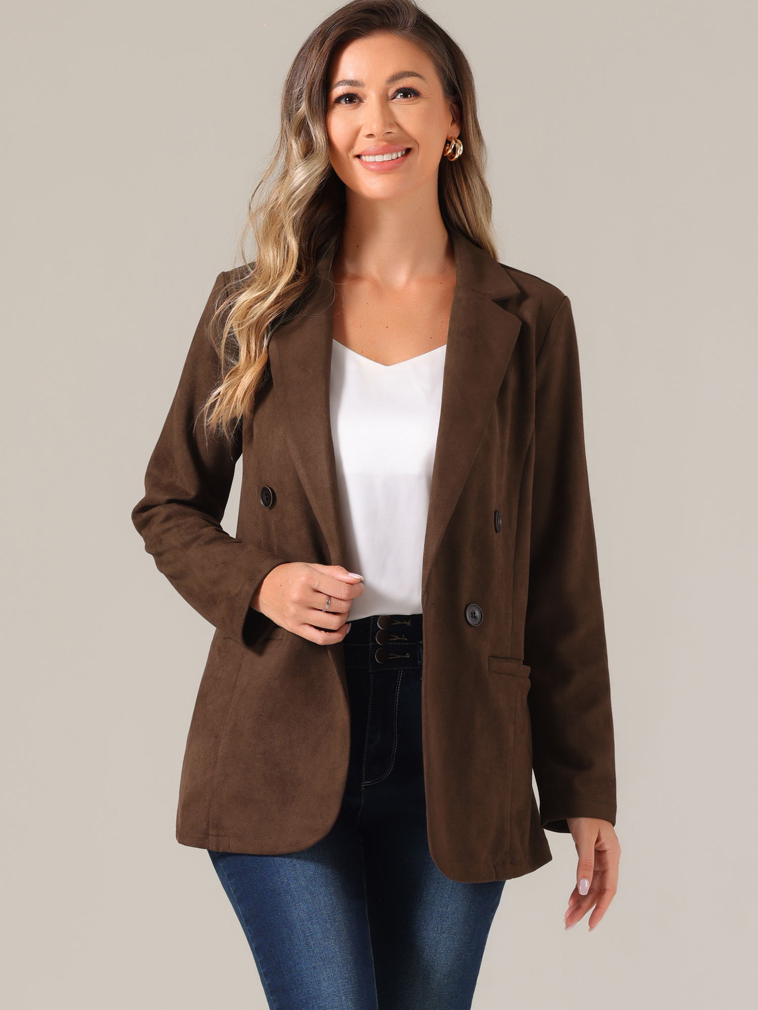 Faux Suede Dressy Lapel Collar Double Breasted Blazer Jacket Brown/M