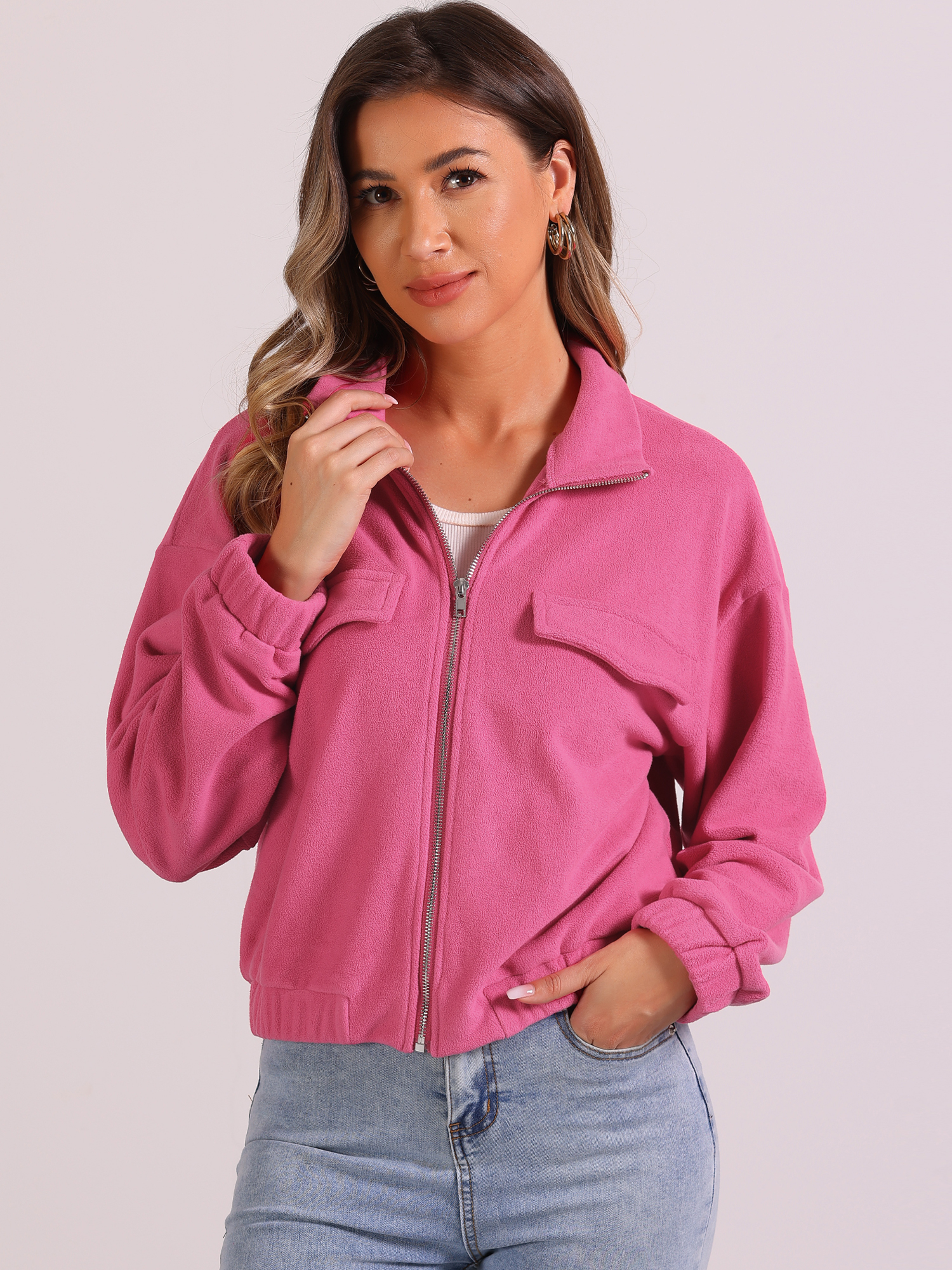 Fuzzy Fleece Long Sleeve Casual Cropped Jacket Hot Pink/XS