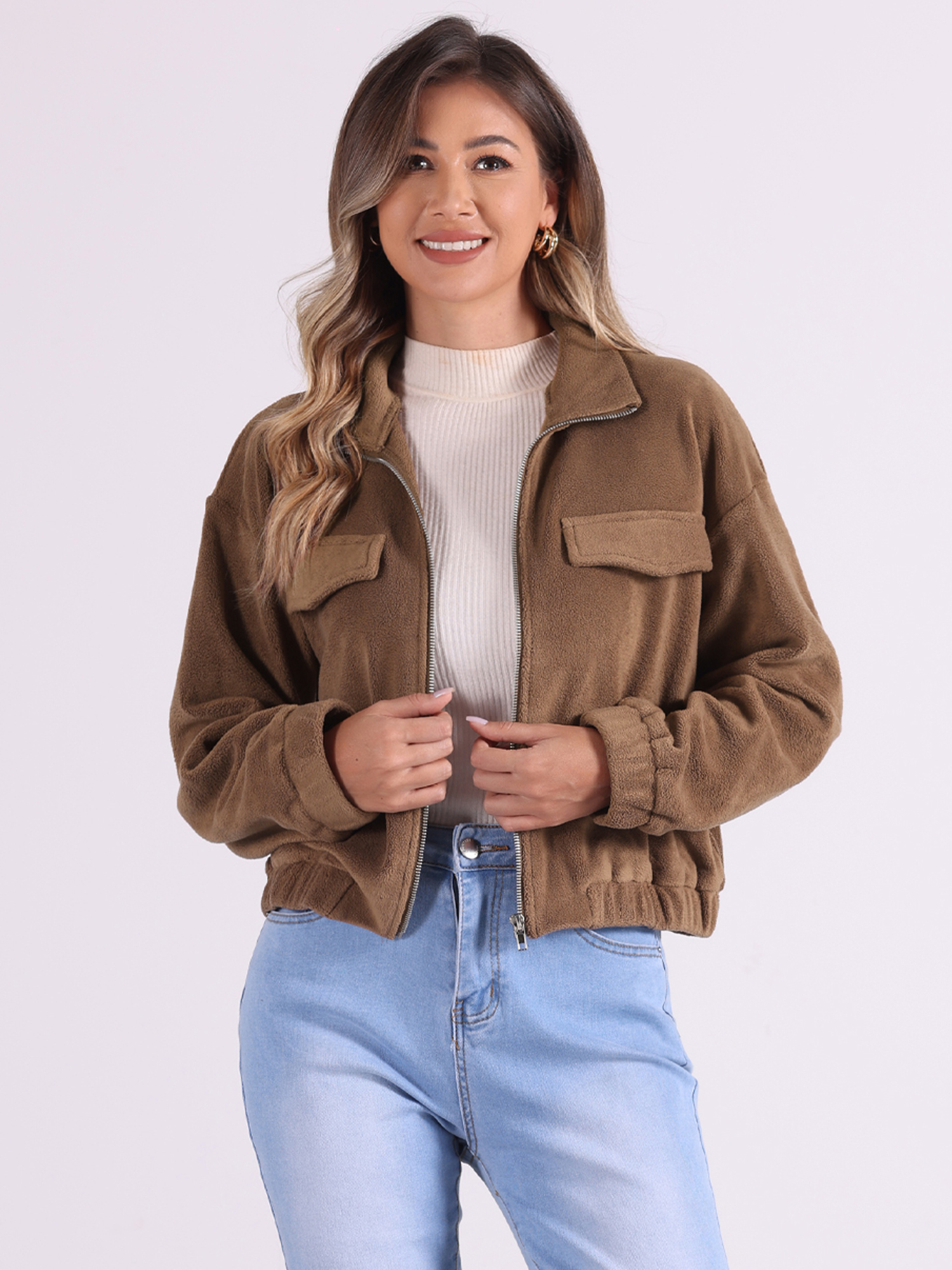 Fuzzy Fleece Long Sleeve Casual Cropped Jacket Brown/S