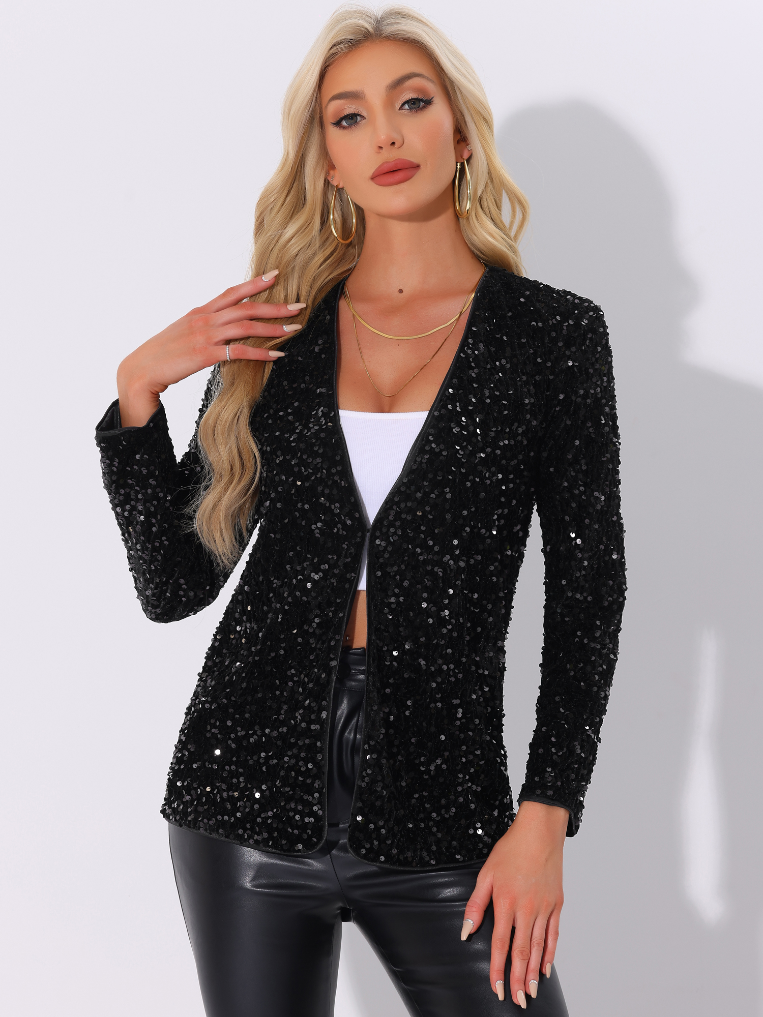 Long Sleeve Glitter Party Sequin Open Front Jacket Black/M