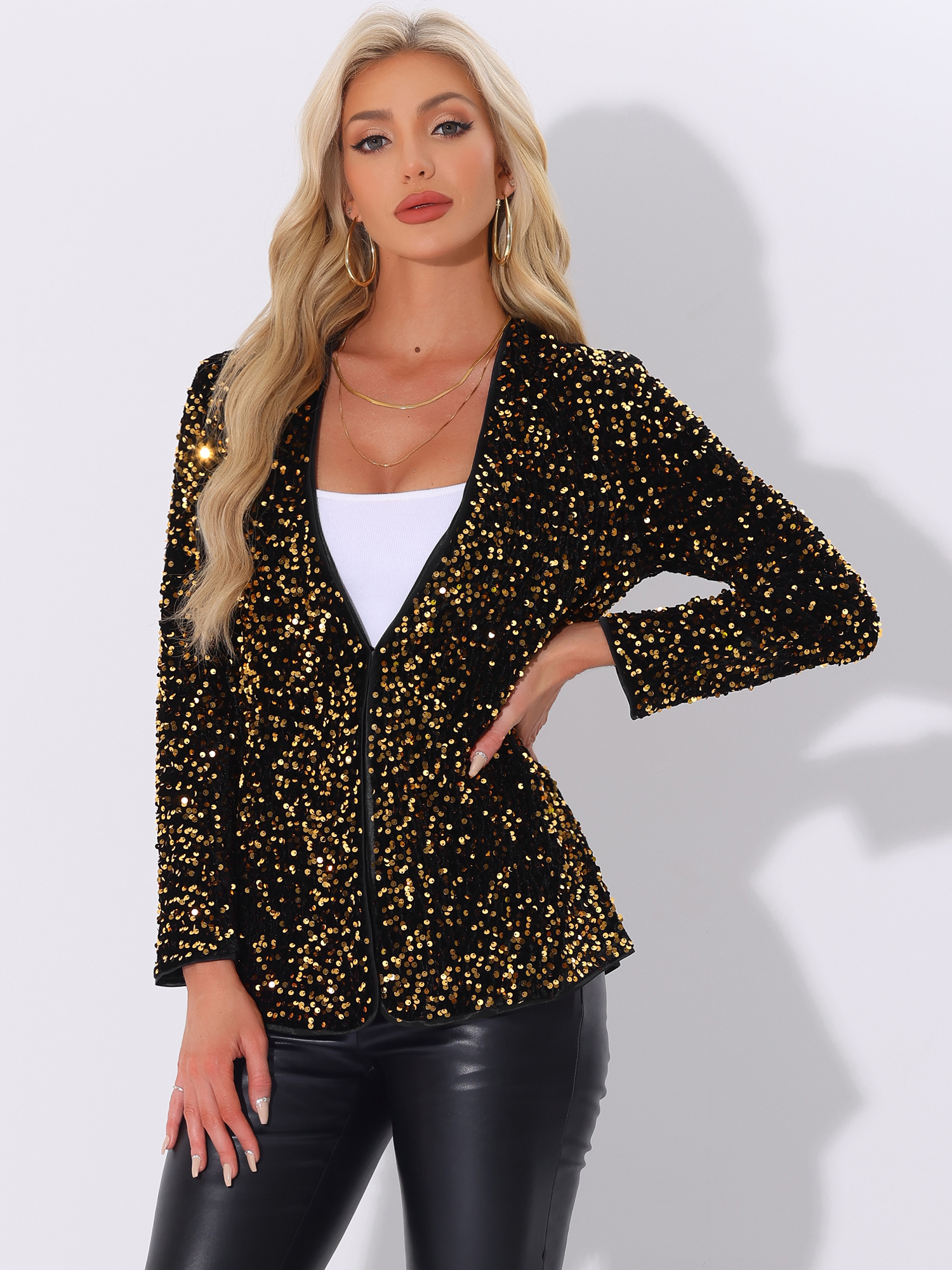 Long Sleeve Glitter Party Sequin Open Front Jacket Gold/XL