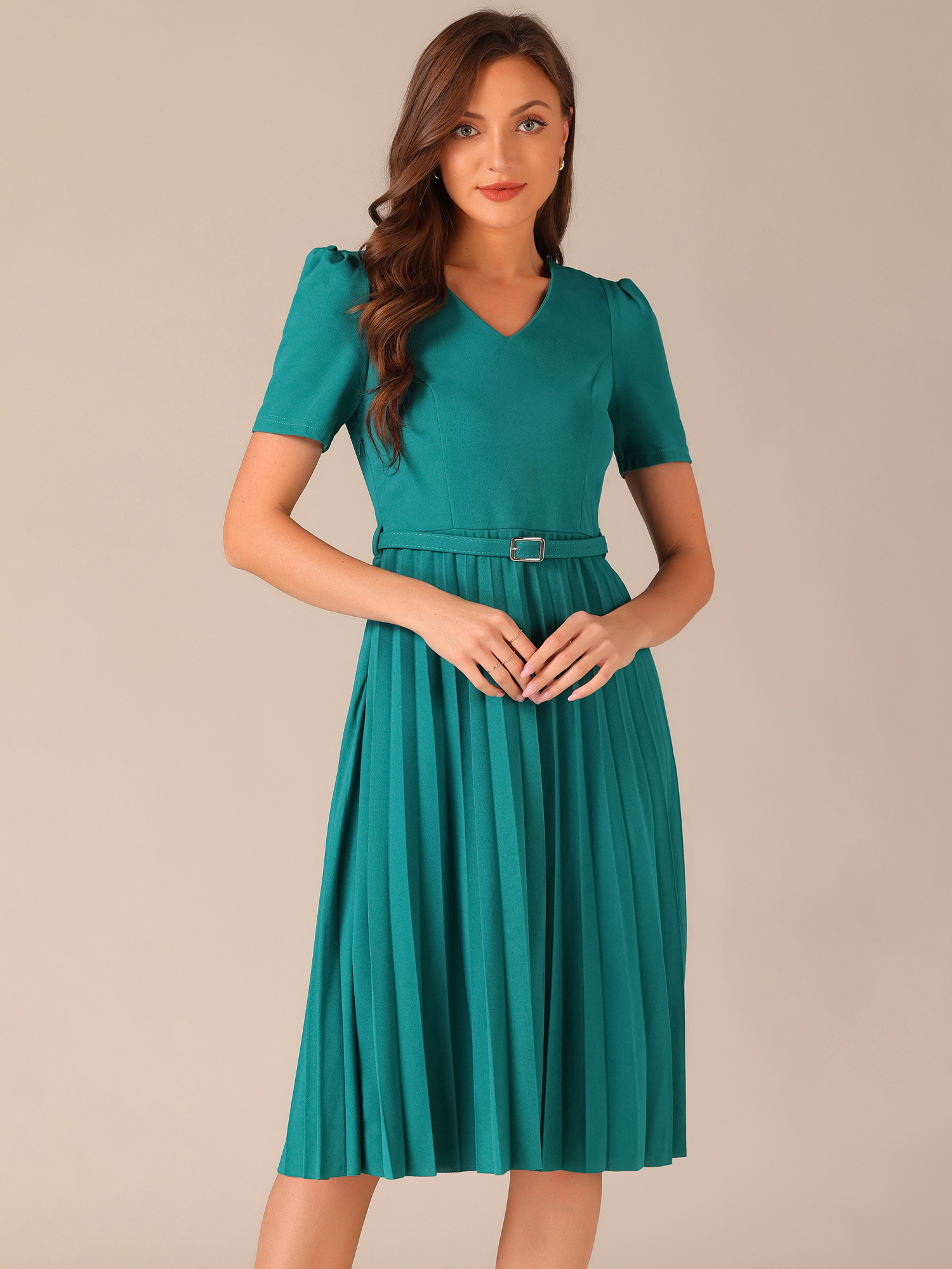 V-Neck Short Sleeve Belted A-Line Pleated Midi Dress Blue Green/L