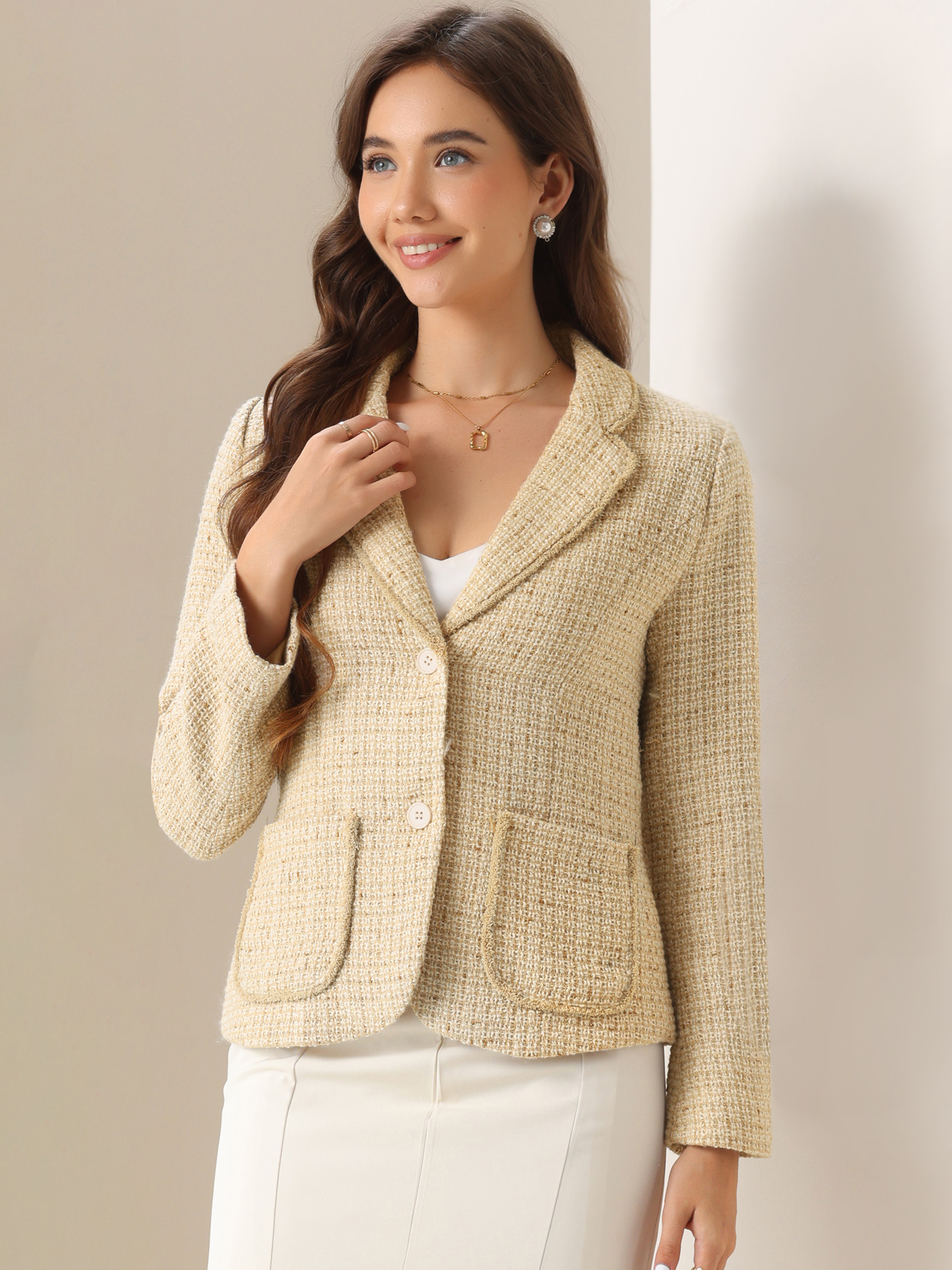 Plaid Tweed Notched Lapel Button Long Sleeve Blazer Jackets Apricot/M