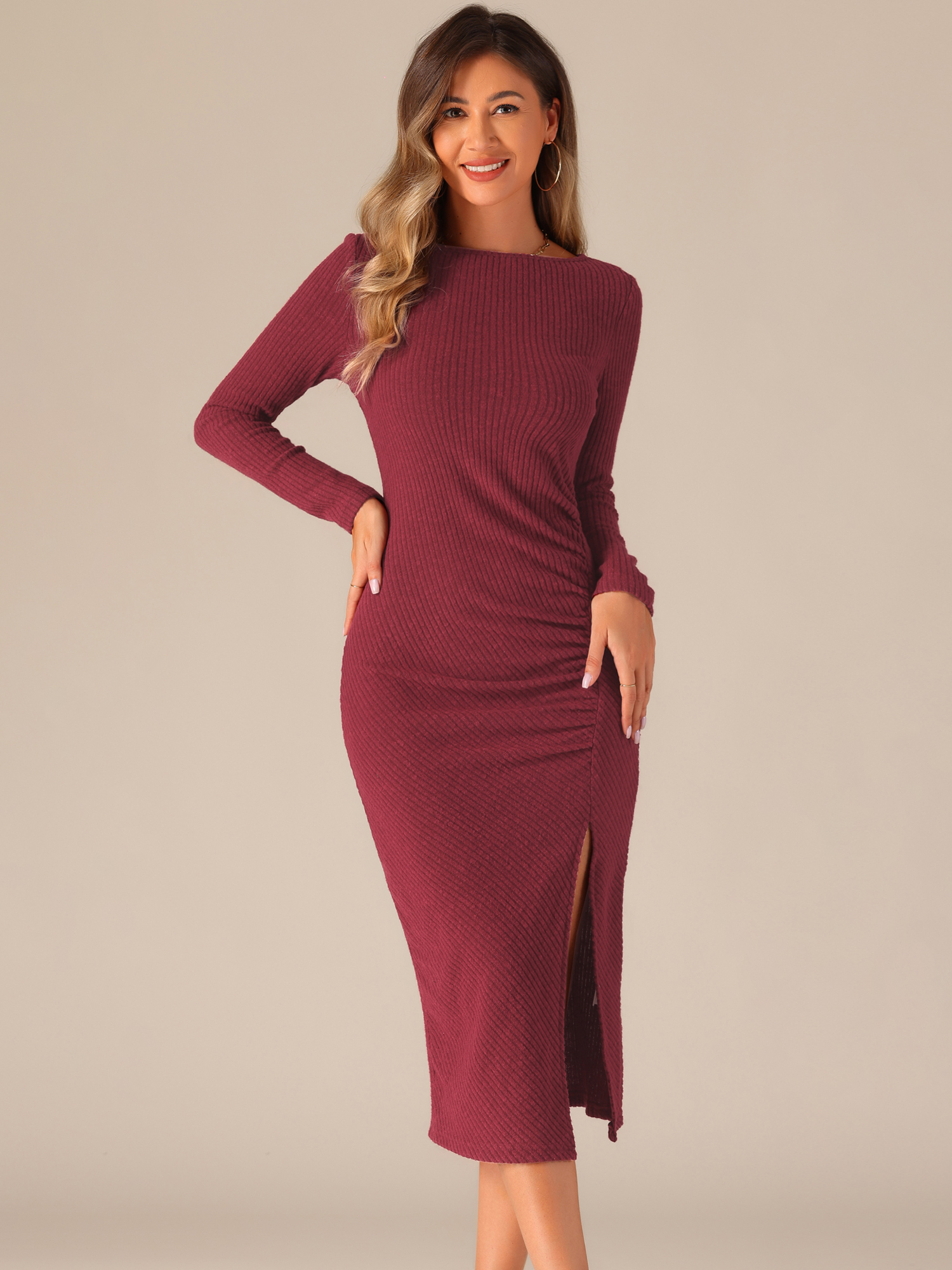 Casual Long Sleeve Crew Neck Ruched Slit Knitted Midi Sweater Dress Dark Red/L
