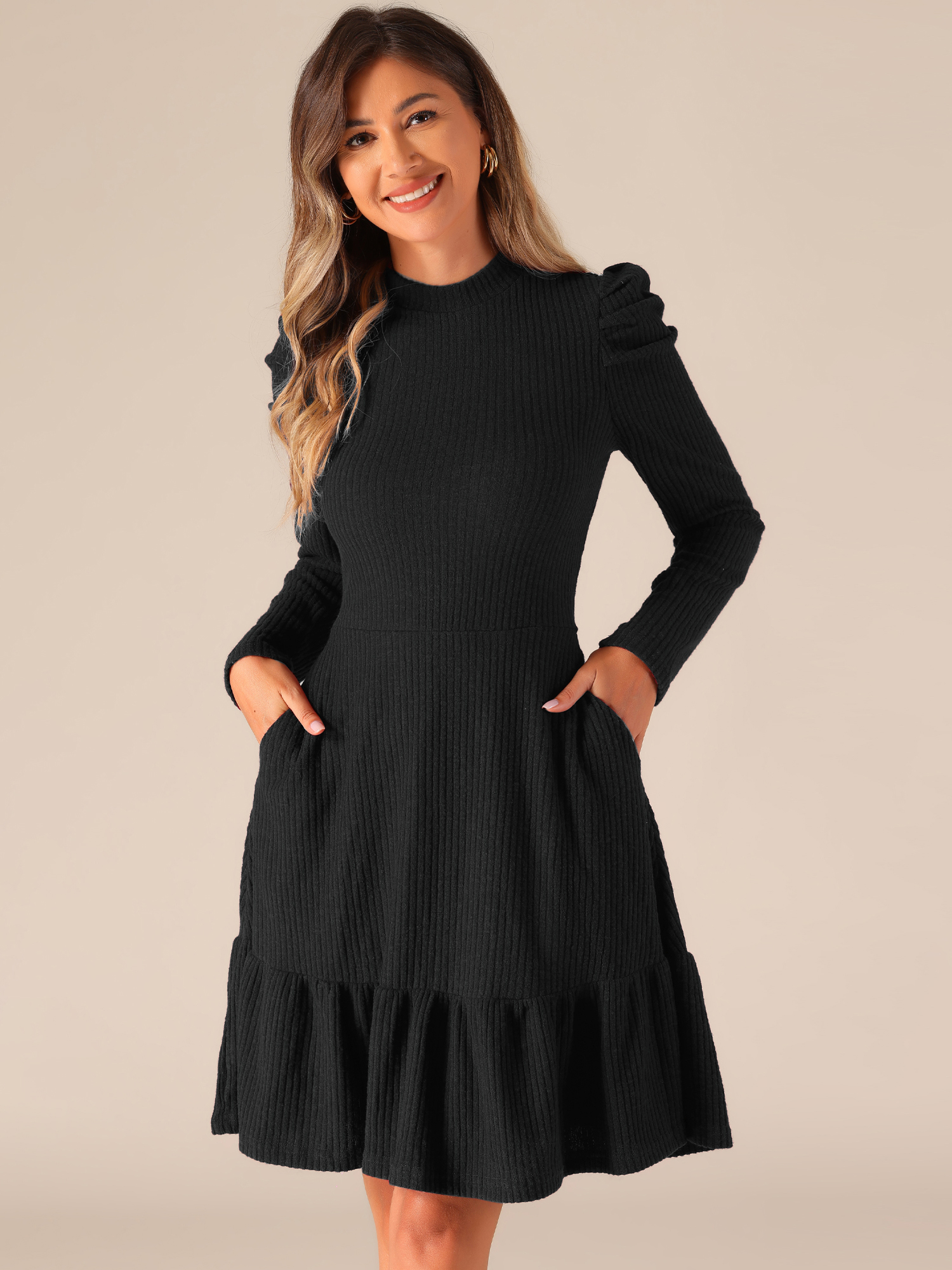Stretchy Puff Long Sleeve Ruffle Hem Knit Midi Sweater Dress Black/L