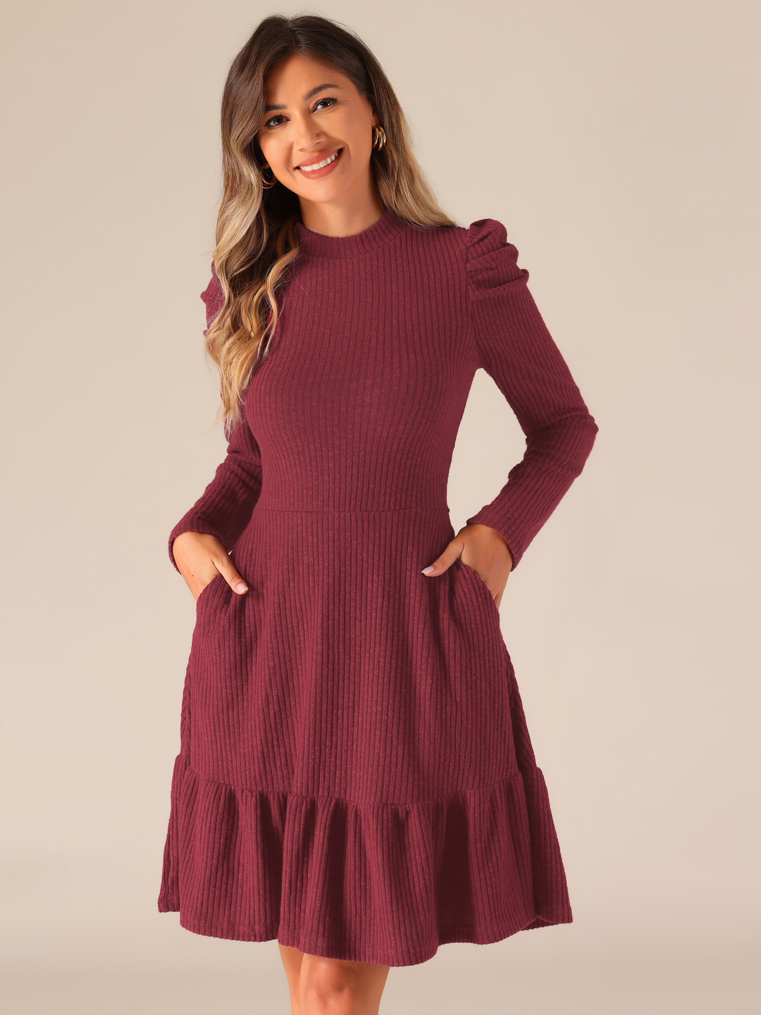 Stretchy Puff Long Sleeve Ruffle Hem Knit Midi Sweater Dress Wine/XS