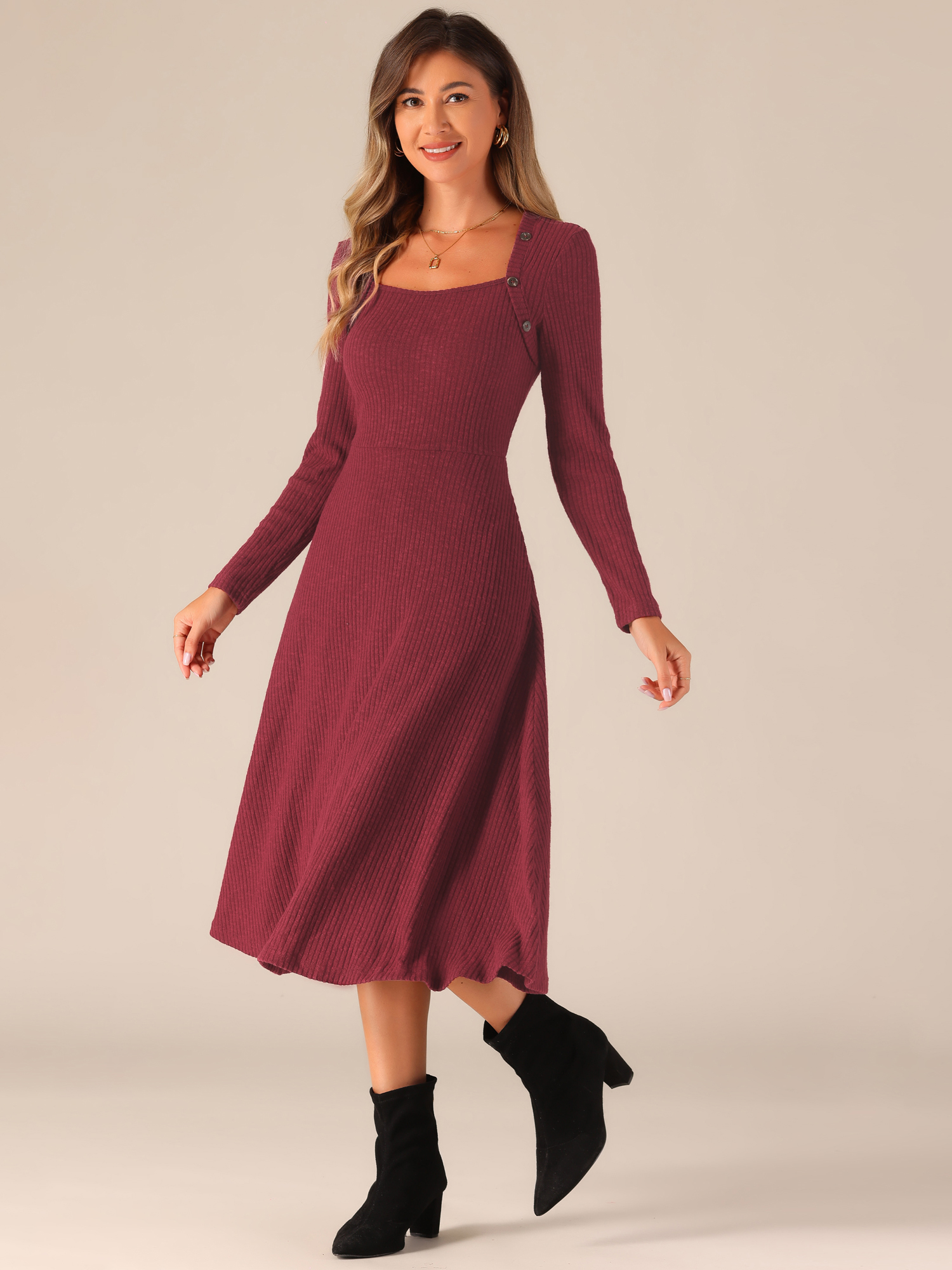 Casual Square Neck A-Line Pockets Midi Knitted Sweater Dress Burgundy/M