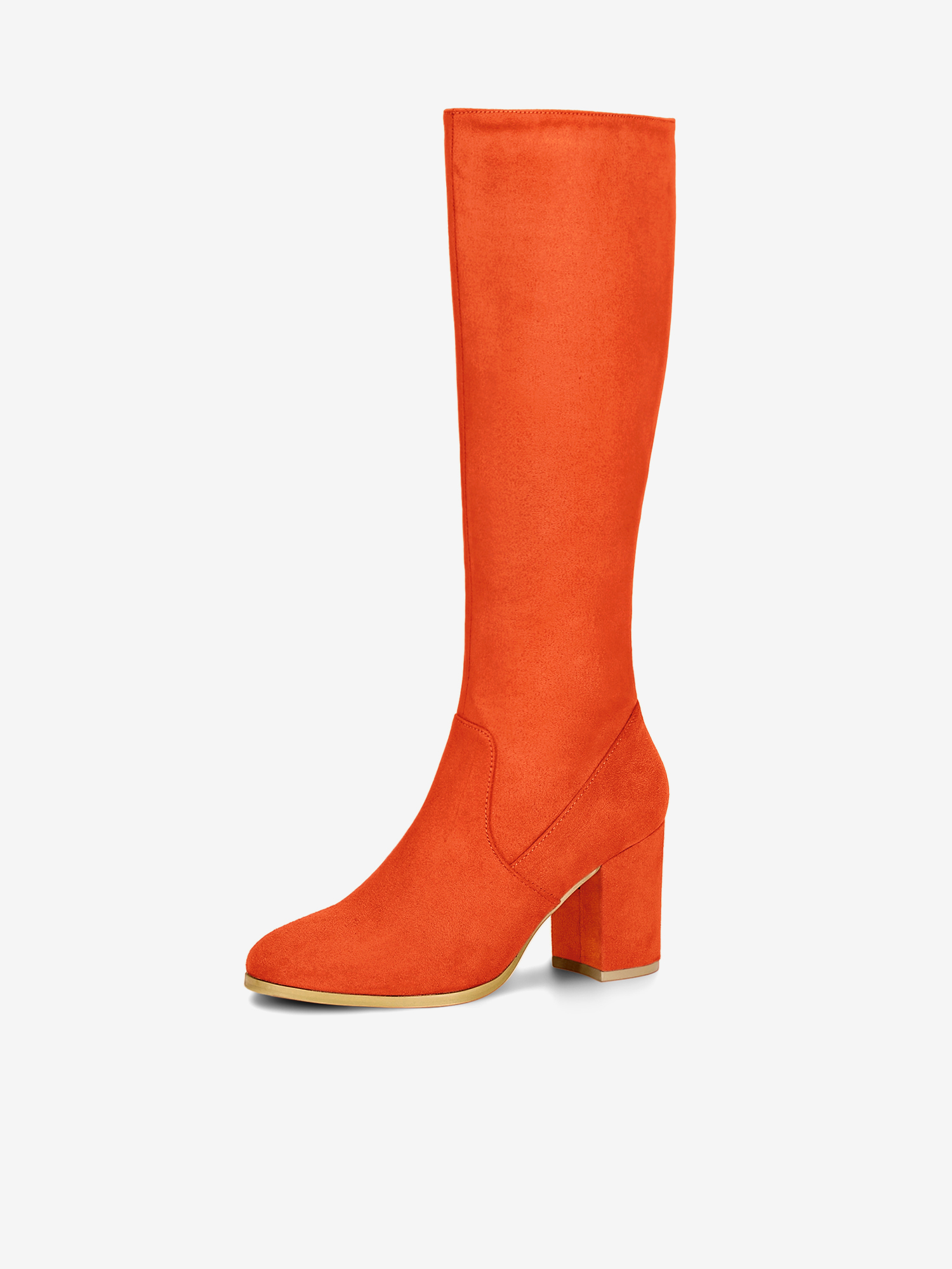 Side Zipper Faux Suede Chunky Heel Knee High Boots Orange/8