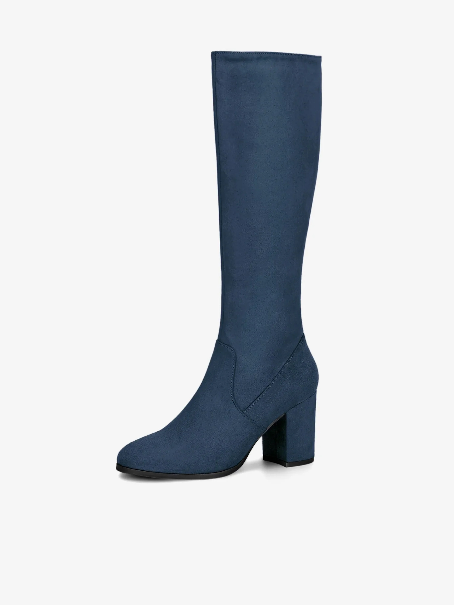 Side Zipper Faux Suede Chunky Heel Knee High Boots Navy Blue/9.5