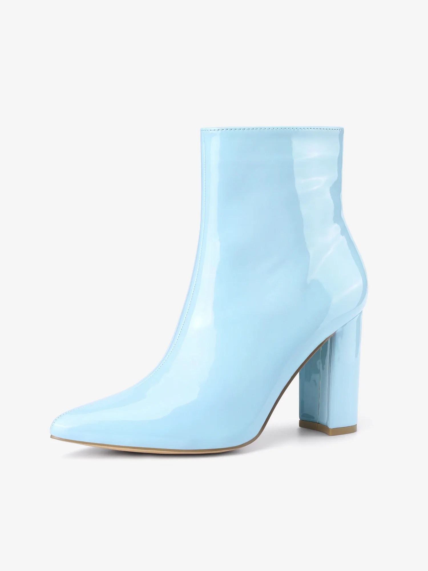 Faux Patent Leather Chunky Heel Pointed Toe Zipper Ankle Boots Sky Blue/9