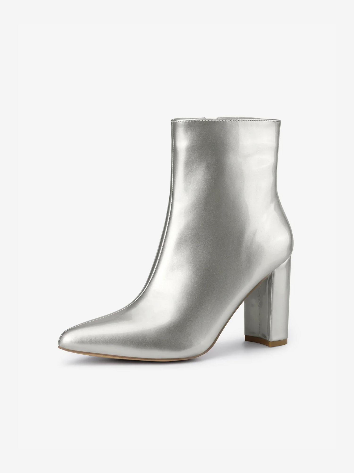 Faux Patent Leather Chunky Heel Pointed Toe Zipper Ankle Boots Silver/6