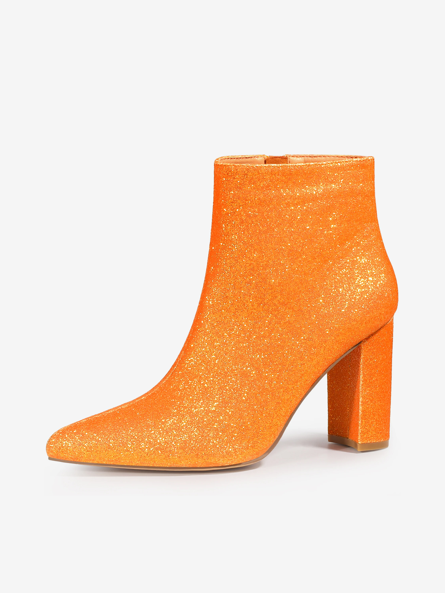 Glitter Pointed Toe Chunky Heel Zipper Ankle Boots Orange/8