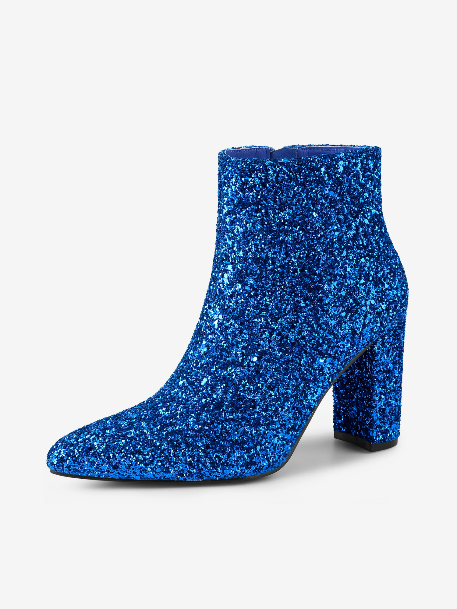 Glitter Pointed Toe Chunky Heel Zipper Ankle Boots Royal Blue/6