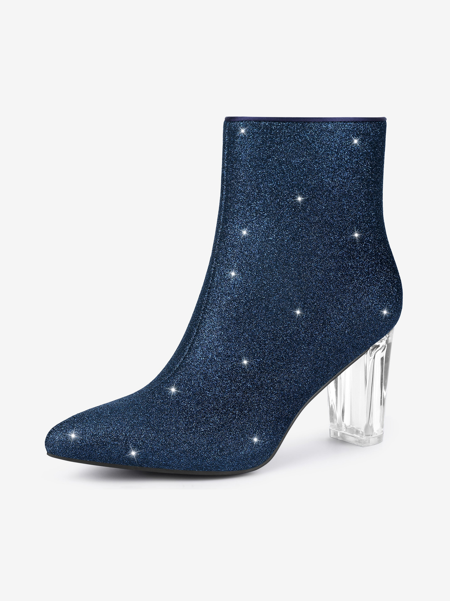 Pointed Toe Clear Block Heel Glitter Ankle Boots Navy Blue/9