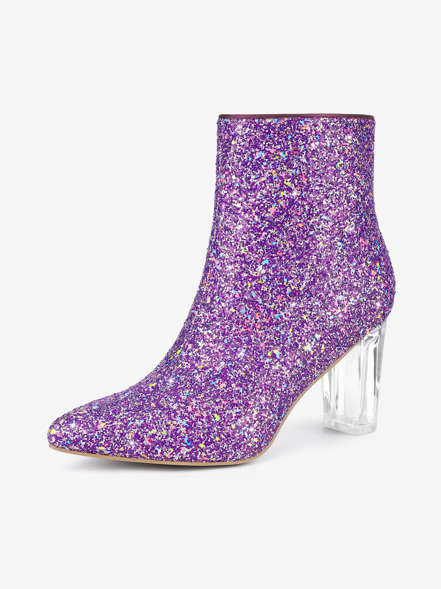Pointed Toe Clear Block Heel Glitter Ankle Boots Purple/8