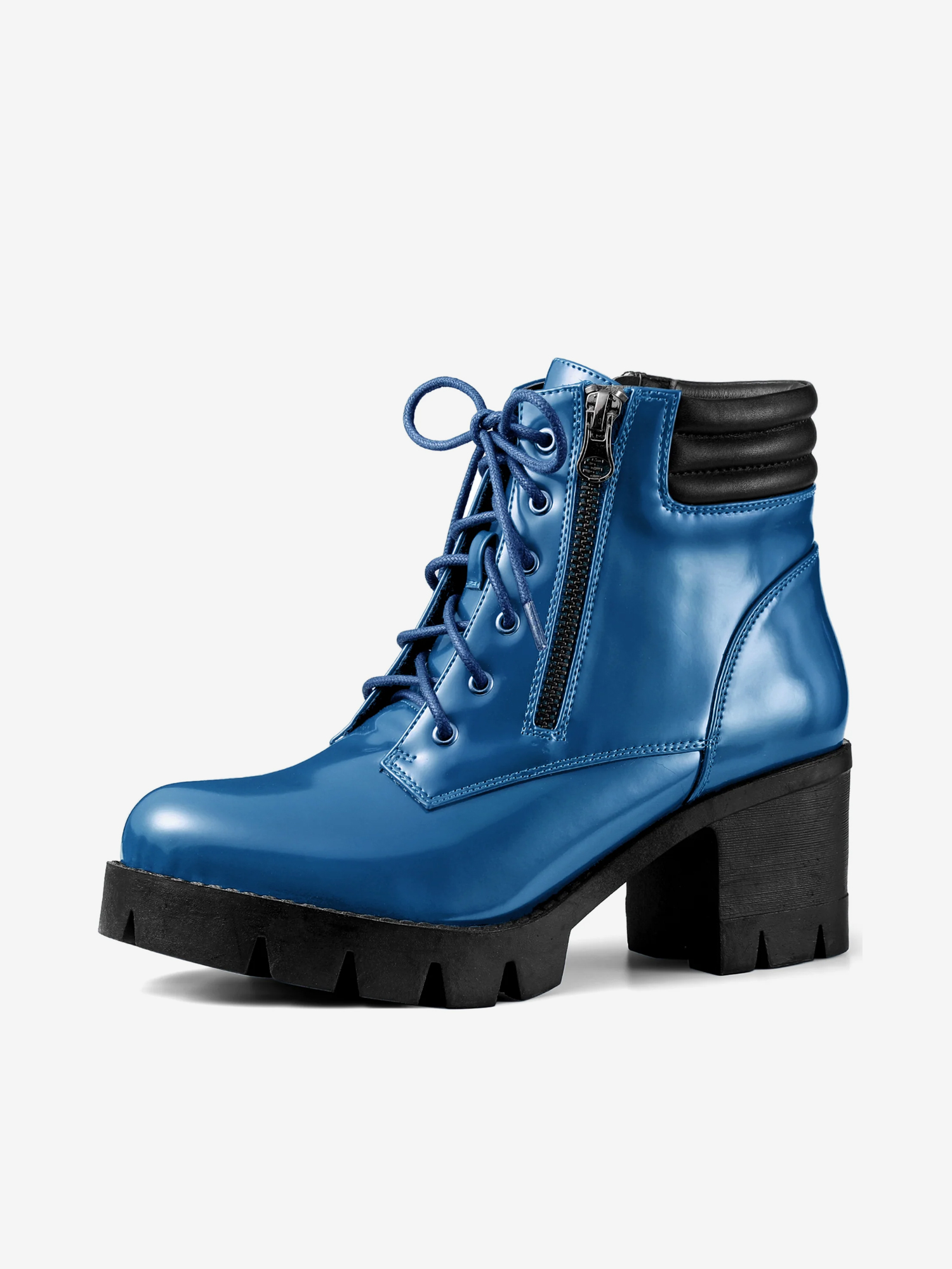 Lug Sole Zip Combat Block Heel Ankle Boots Dark Blue/6