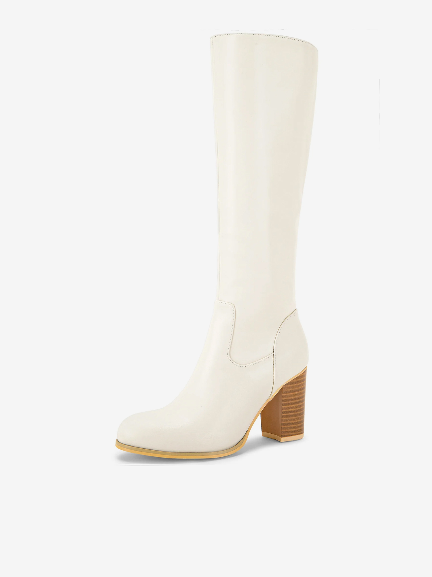 Faux Leather Round Toe Block Heel Knee High Boots Cream/7.5