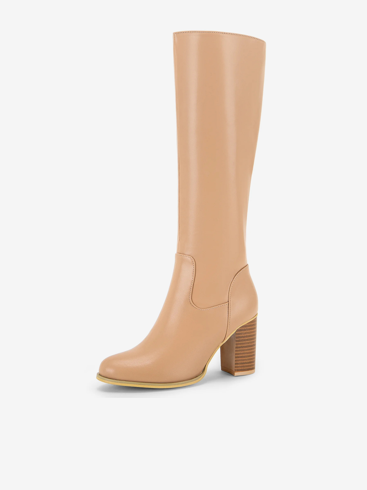 Faux Leather Round Toe Block Heel Knee High Boots Nude/7