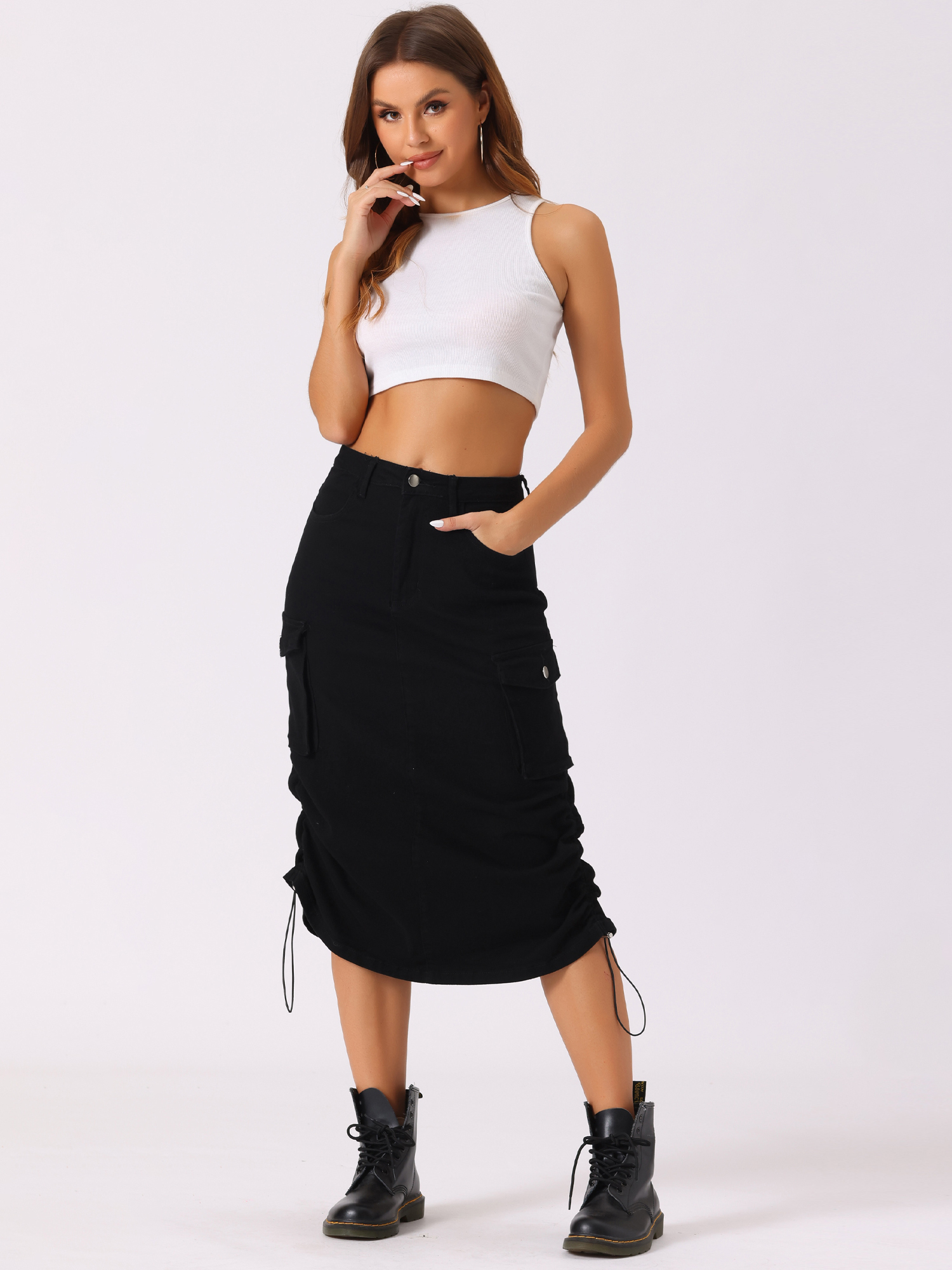 Midi Skirt Flap Pocket Back Slit Drawstring Cargo Skirt Black/XL