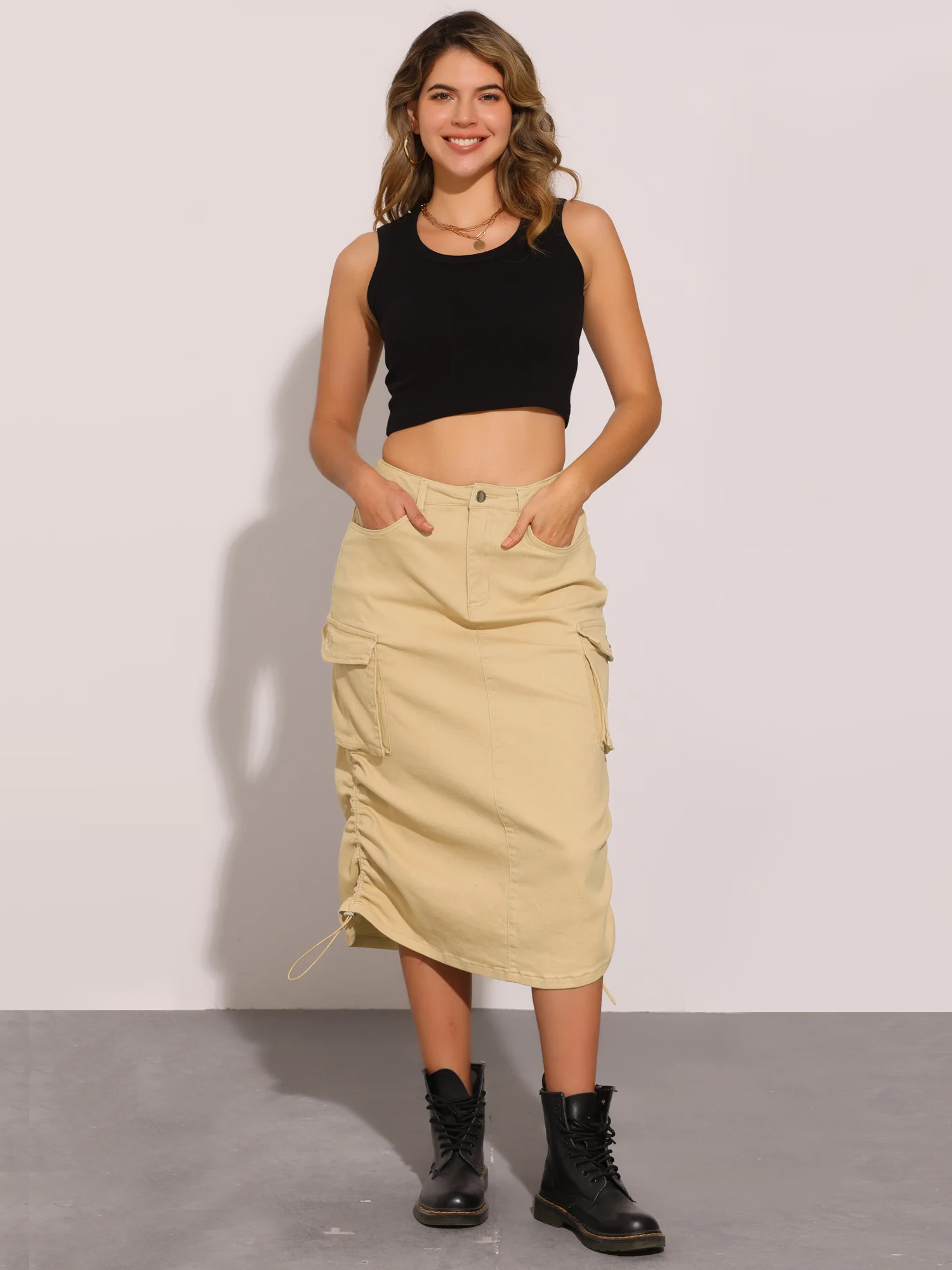 Midi Skirt Flap Pocket Back Slit Drawstring Cargo Skirt Light Khaki/XL