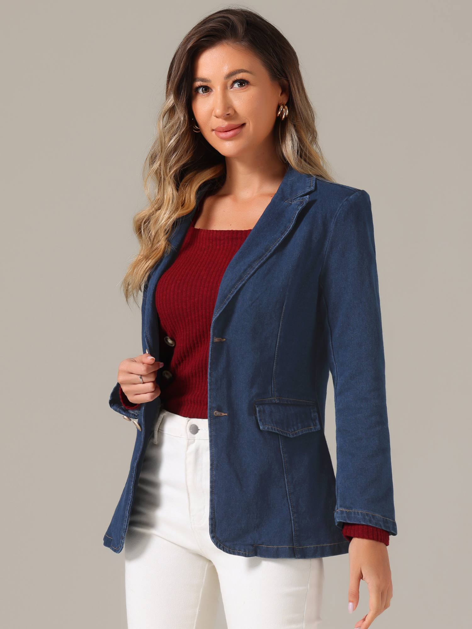 Notched Lapel Denim Single Breasted Shoulder Pad Blazer Jackets Dark Blue/XS
