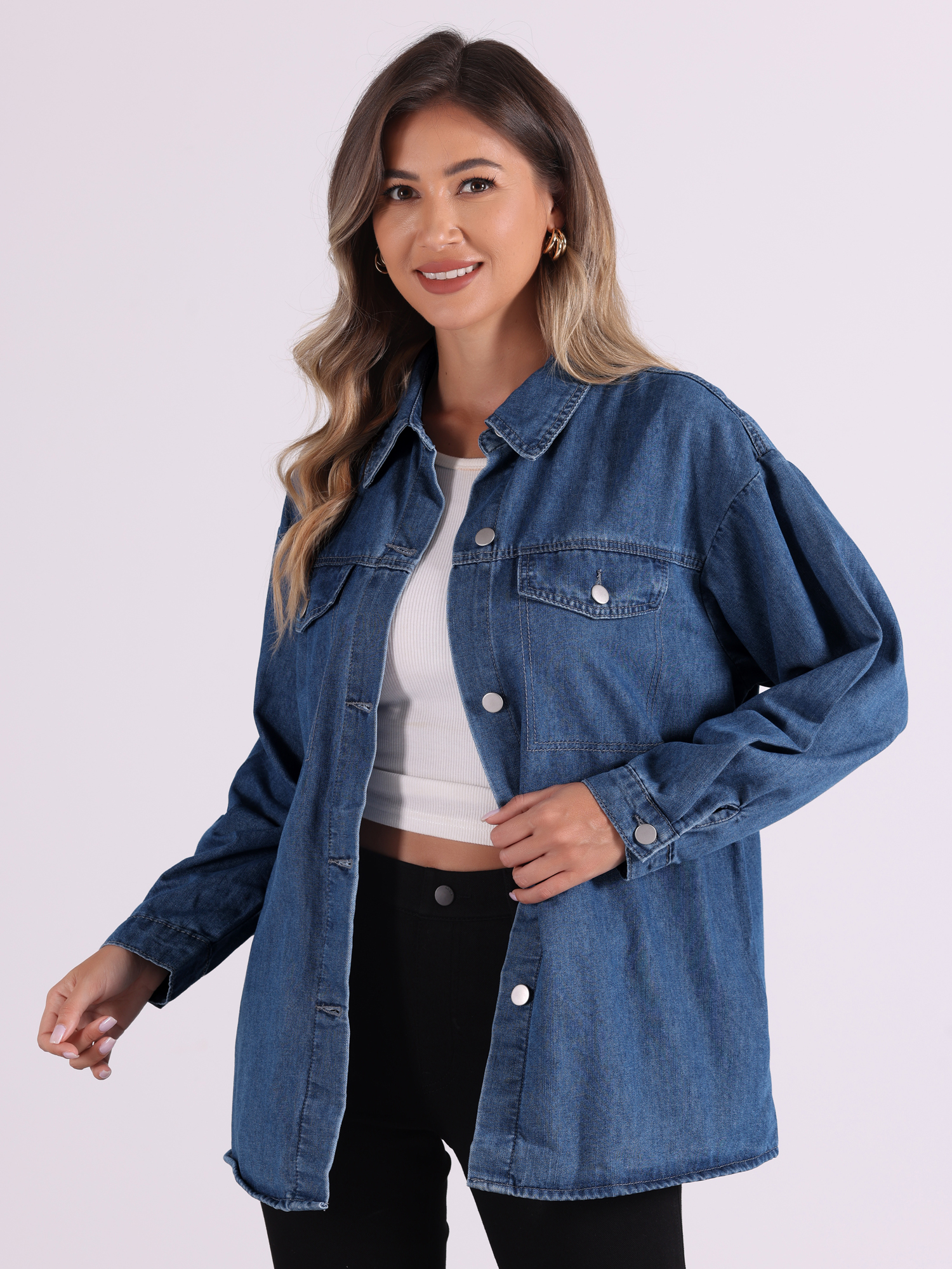 Lapel Button Down Long Sleeve Casual Denim Jacket Blue/S