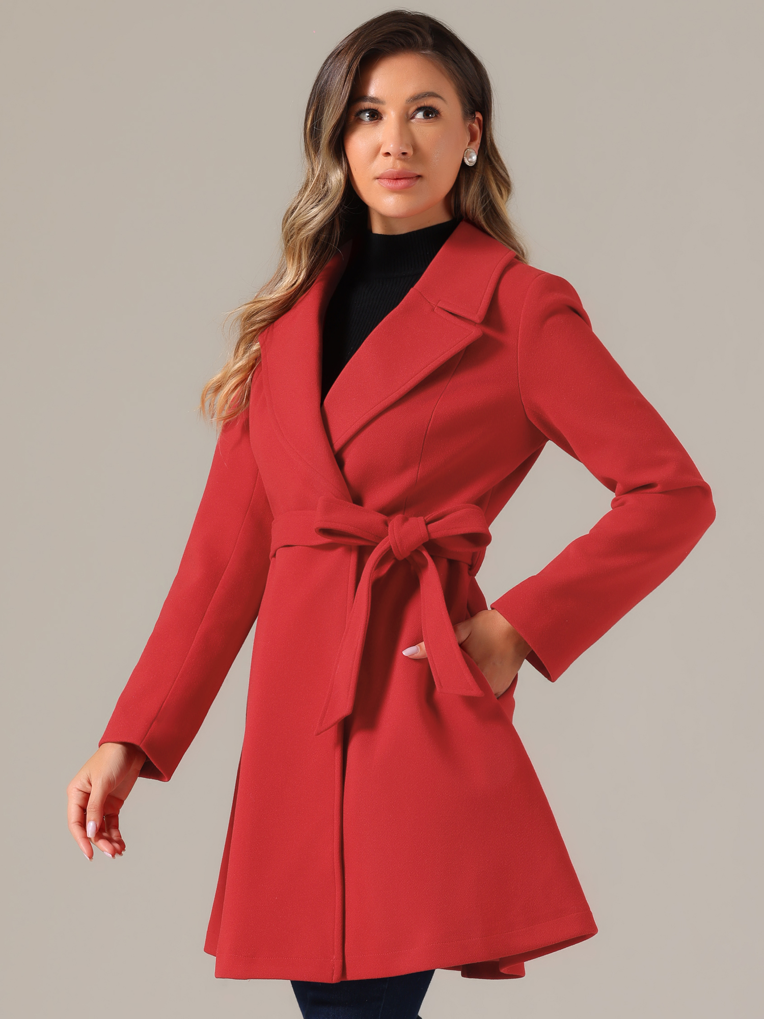 Elegant Overcoat Shawl Collar Single Winter Belted Long Coat Red/L