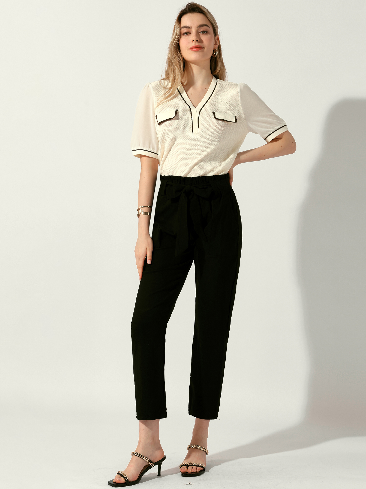 Contrast Color Satin Short Sleeve Blouse Beige Yellow/L
