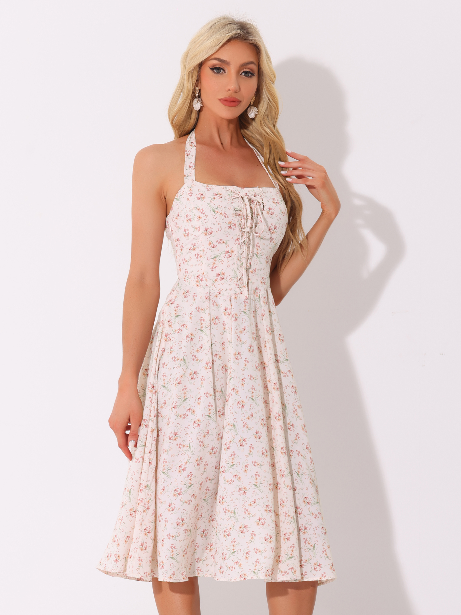 Halter Neck Floral Summer Sundress Sleeveless Lace Up Midi Dress Pink/M