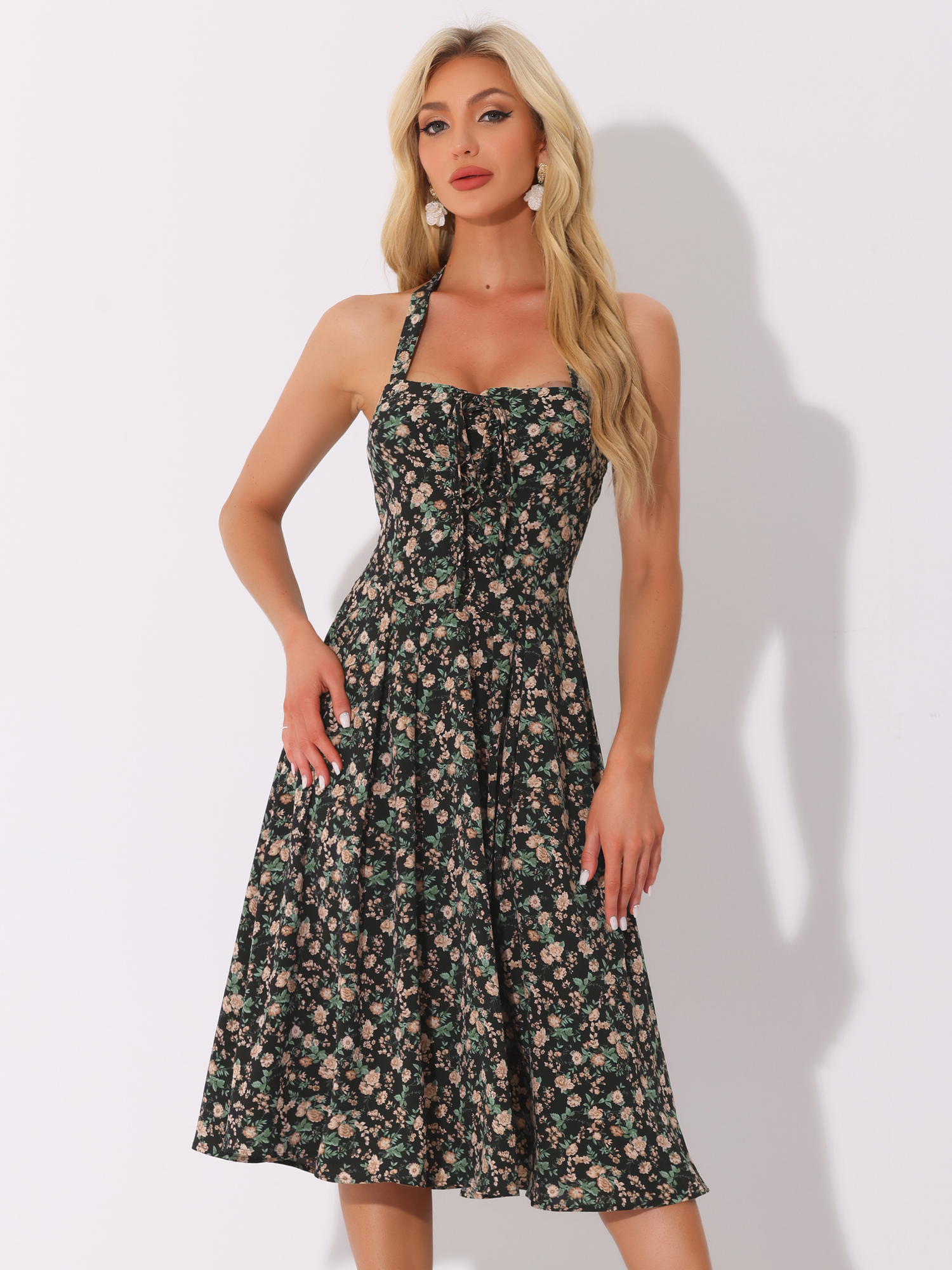 Halter Neck Floral Summer Sundress Sleeveless Lace Up Midi Dress Black/XL