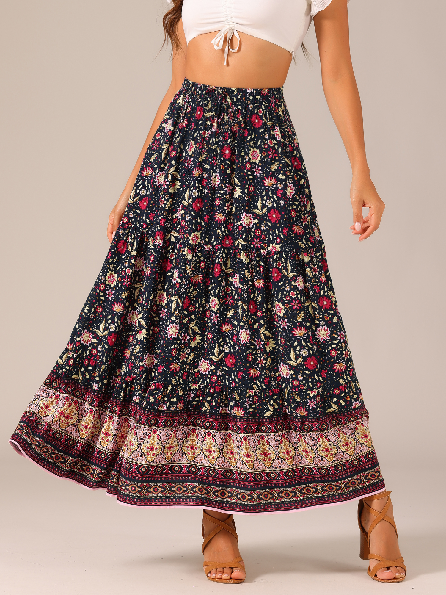 Boho Casual Bohemian Floral Printed Elastic Waist Maxi Skirt Black/M