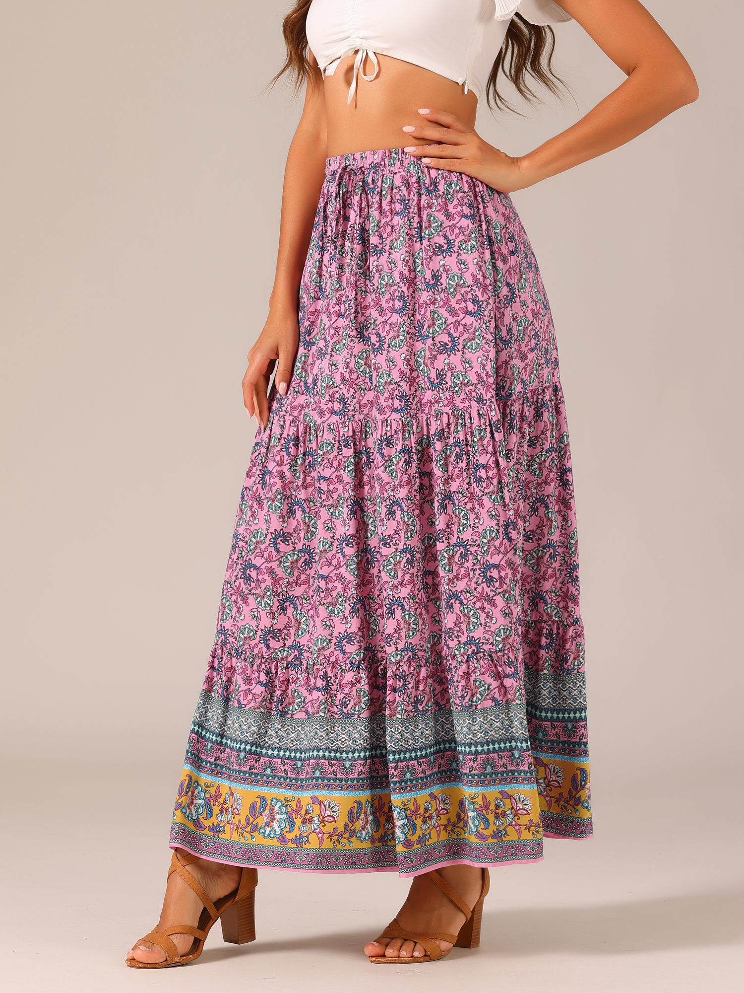Boho Casual Bohemian Floral Printed Elastic Waist Maxi Skirt Pink/XL