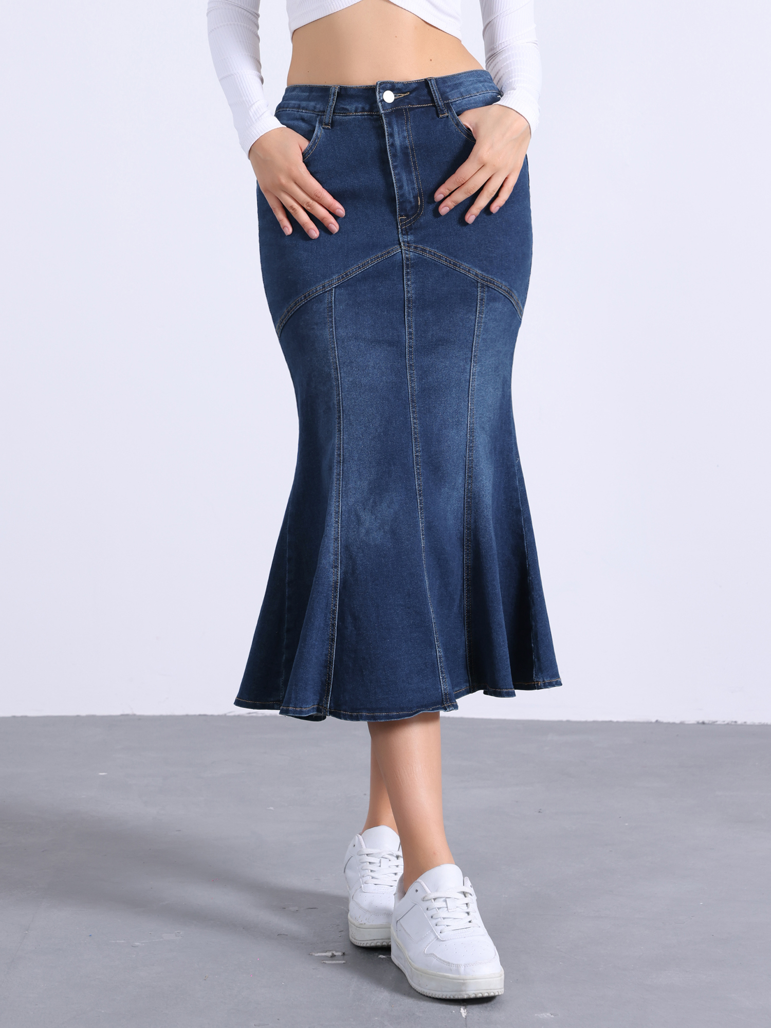 Fishtail Denim Washed Midi Jean Bodycon Skirt Dark Blue/M