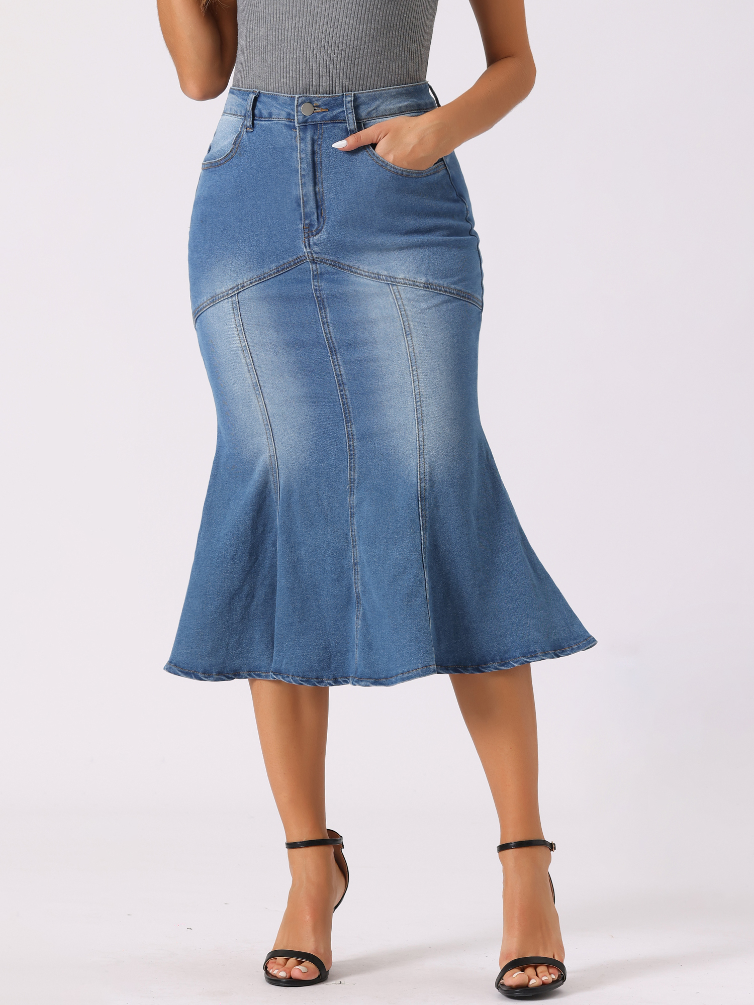 Fishtail Denim Washed Midi Jean Bodycon Skirt Sky Blue/L