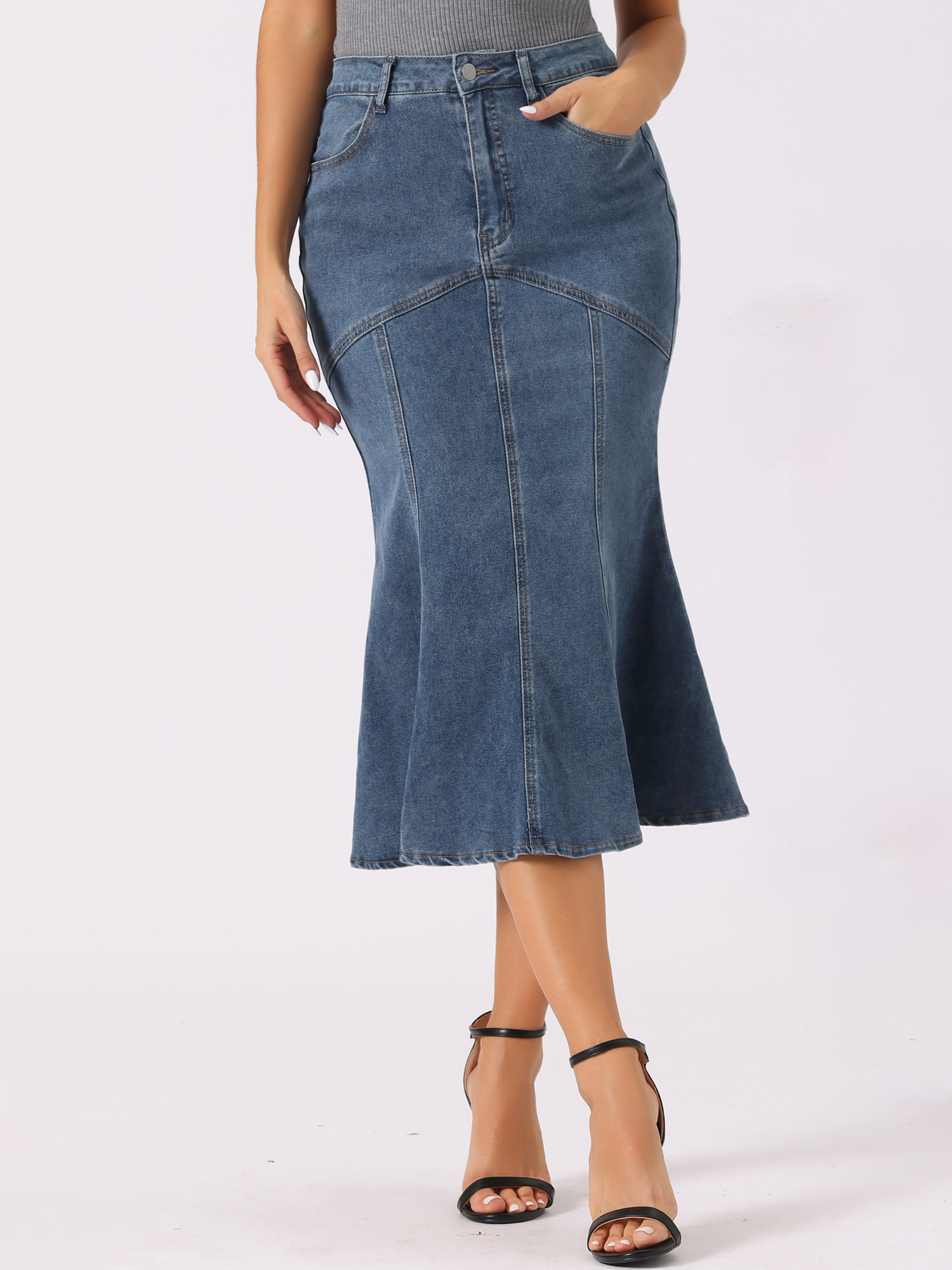 Fishtail Denim Washed Midi Jean Bodycon Skirt Grey Blue/S