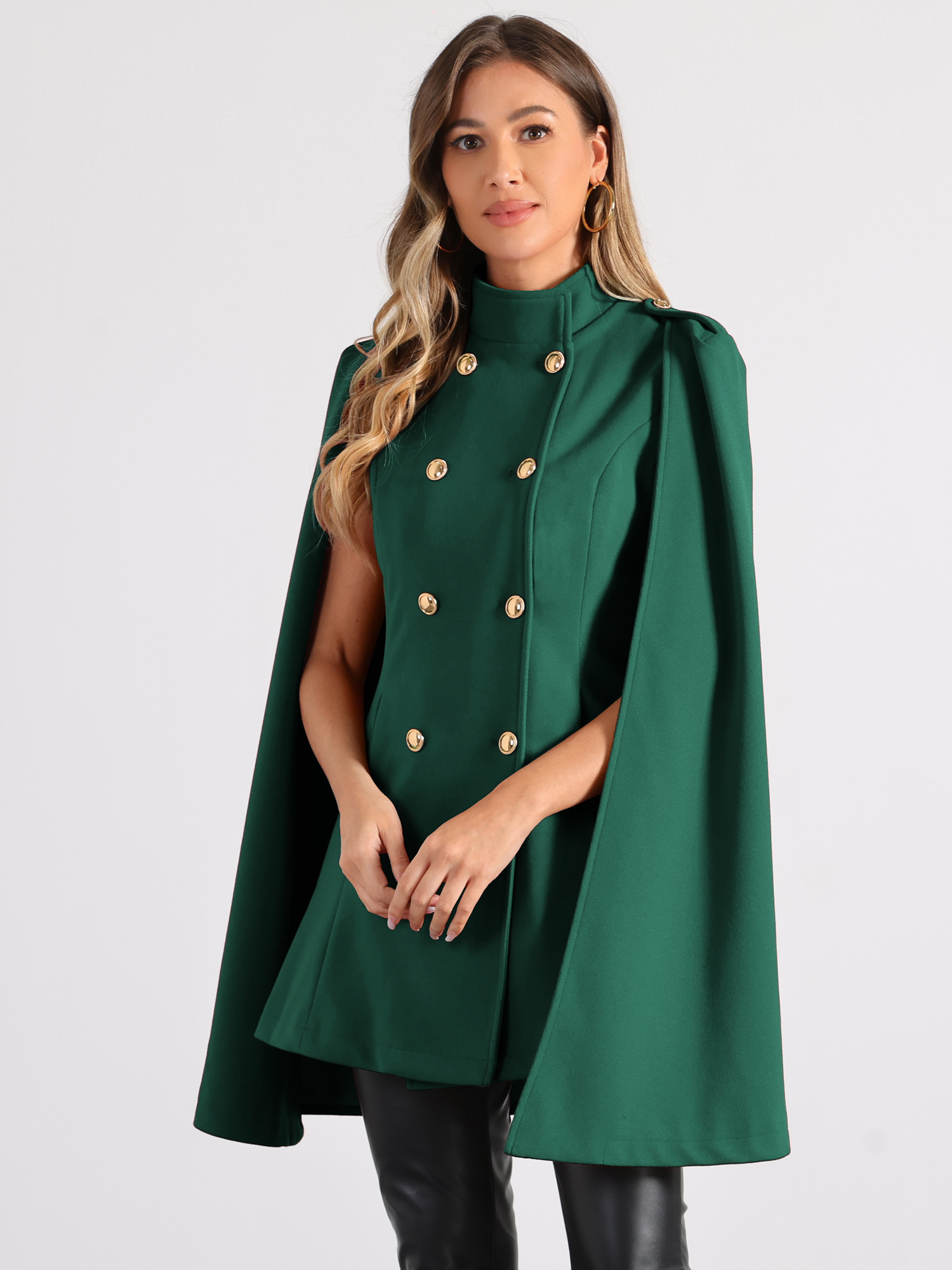 Winter Slit Sleeve Double Breasted Cloak Cape Coat Dark Green/XS