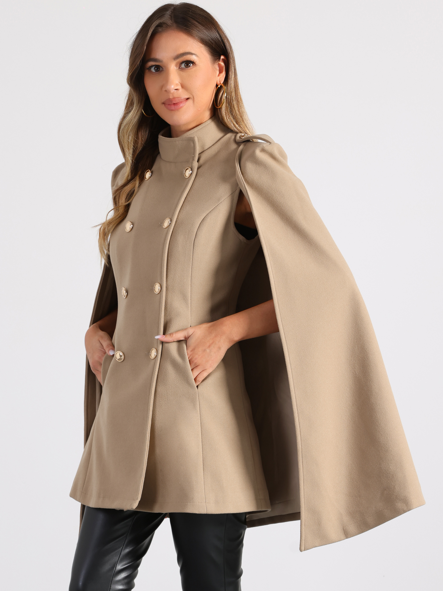 Winter Slit Sleeve Double Breasted Cloak Cape Coat Khaki/XS