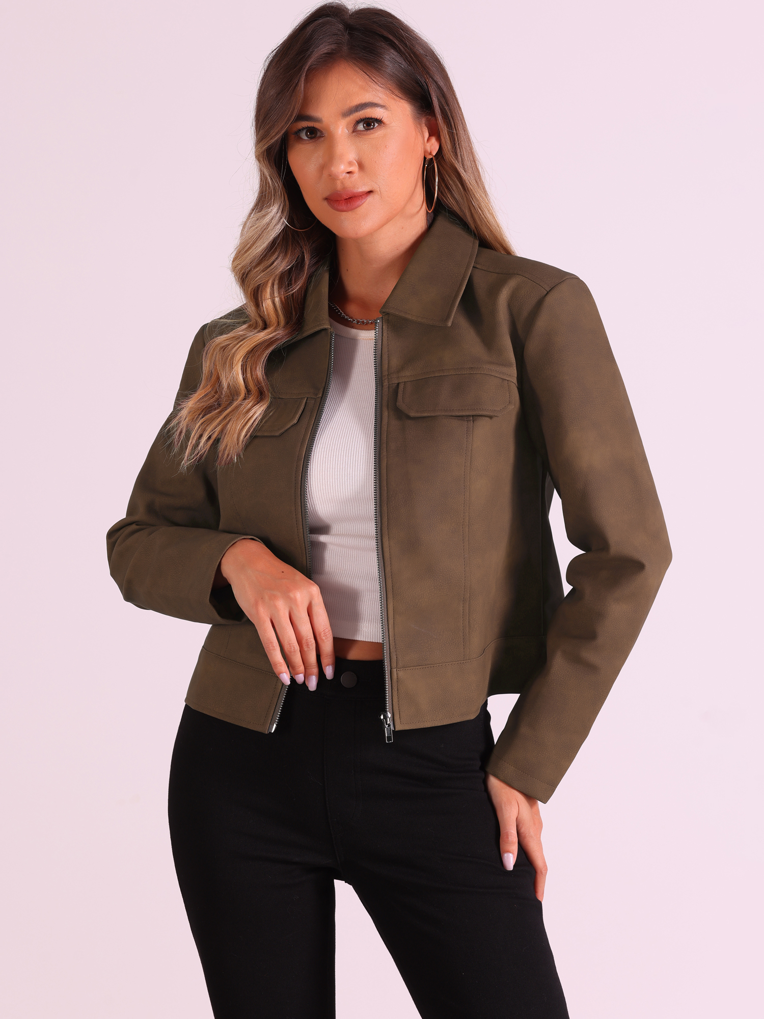 Collar Faux Leather Zip Up Long Sleeve Casual Cropped Jacket Brown/L
