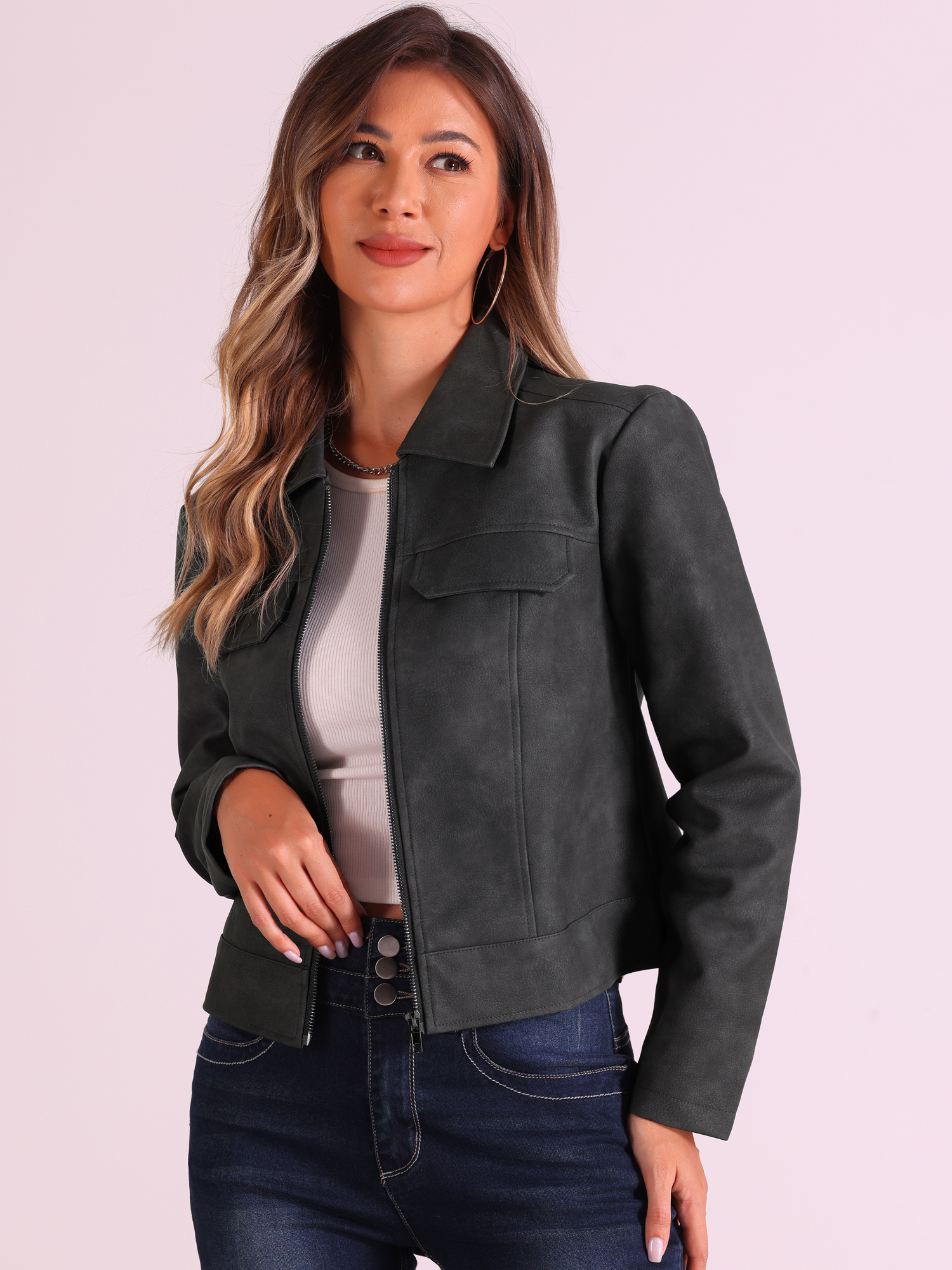 Collar Faux Leather Zip Up Long Sleeve Casual Cropped Jacket Black/XL