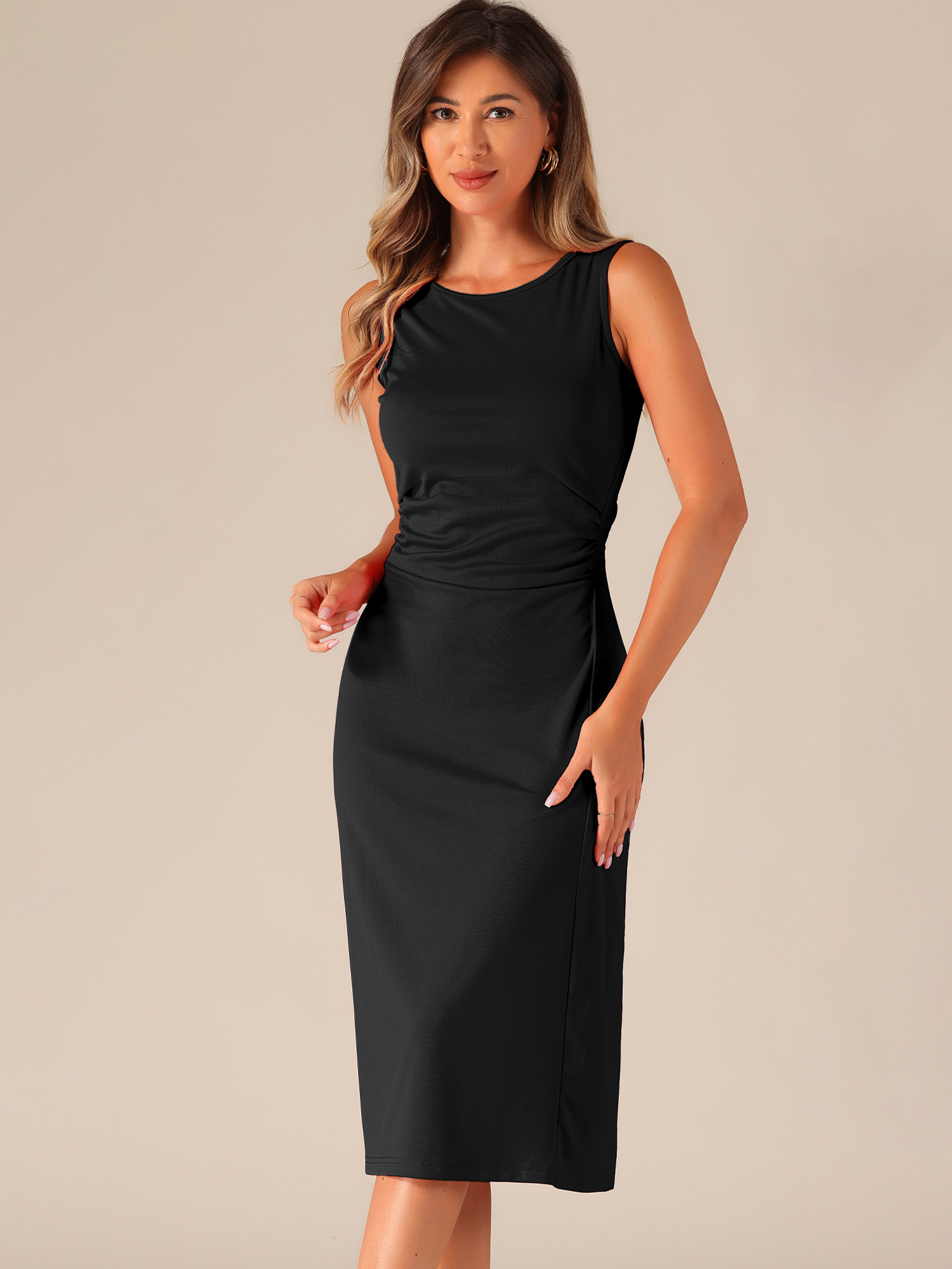 Crew Neck Ruched Casual Midi Sleeveless Dress Black/XS