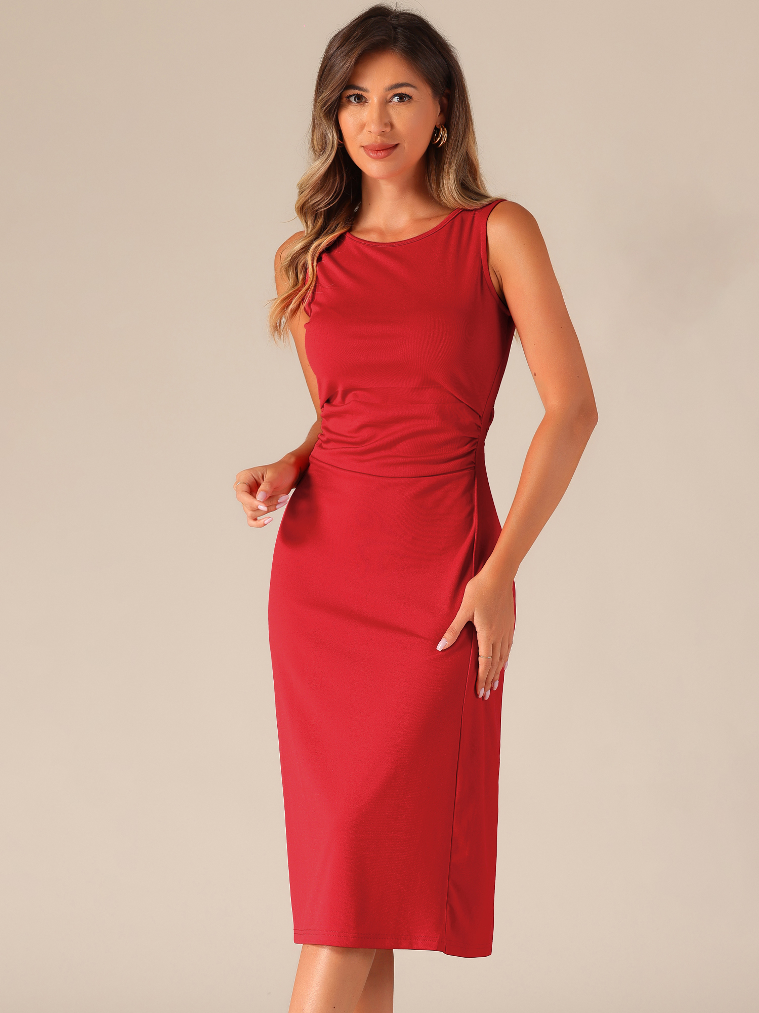 Crew Neck Ruched Casual Midi Sleeveless Dress Wine Red/S