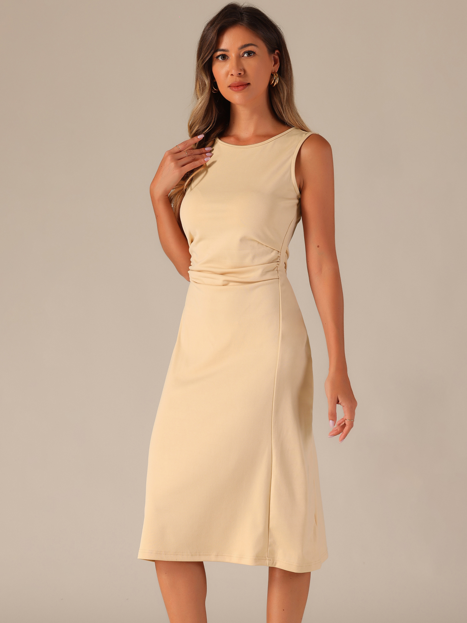 Crew Neck Ruched Casual Midi Sleeveless Dress Beige/M