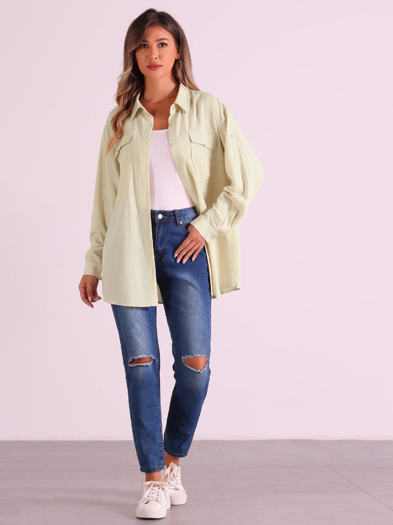 Loose Point Collar Roll-up Long Sleeve Button Down Shirts Beige/XS